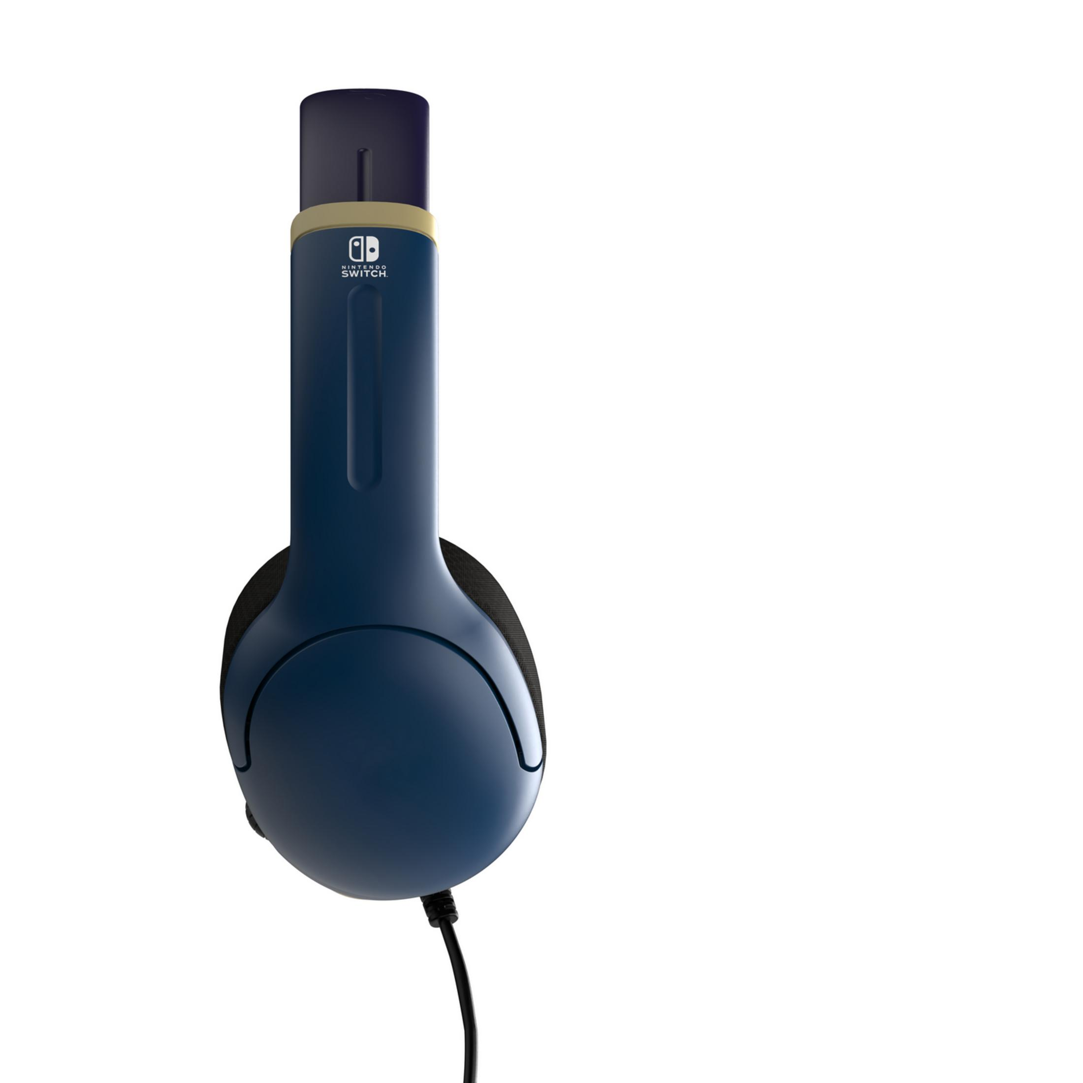 Auriculares Nintendo Switch azul oscuro con borde y logo dorados.
