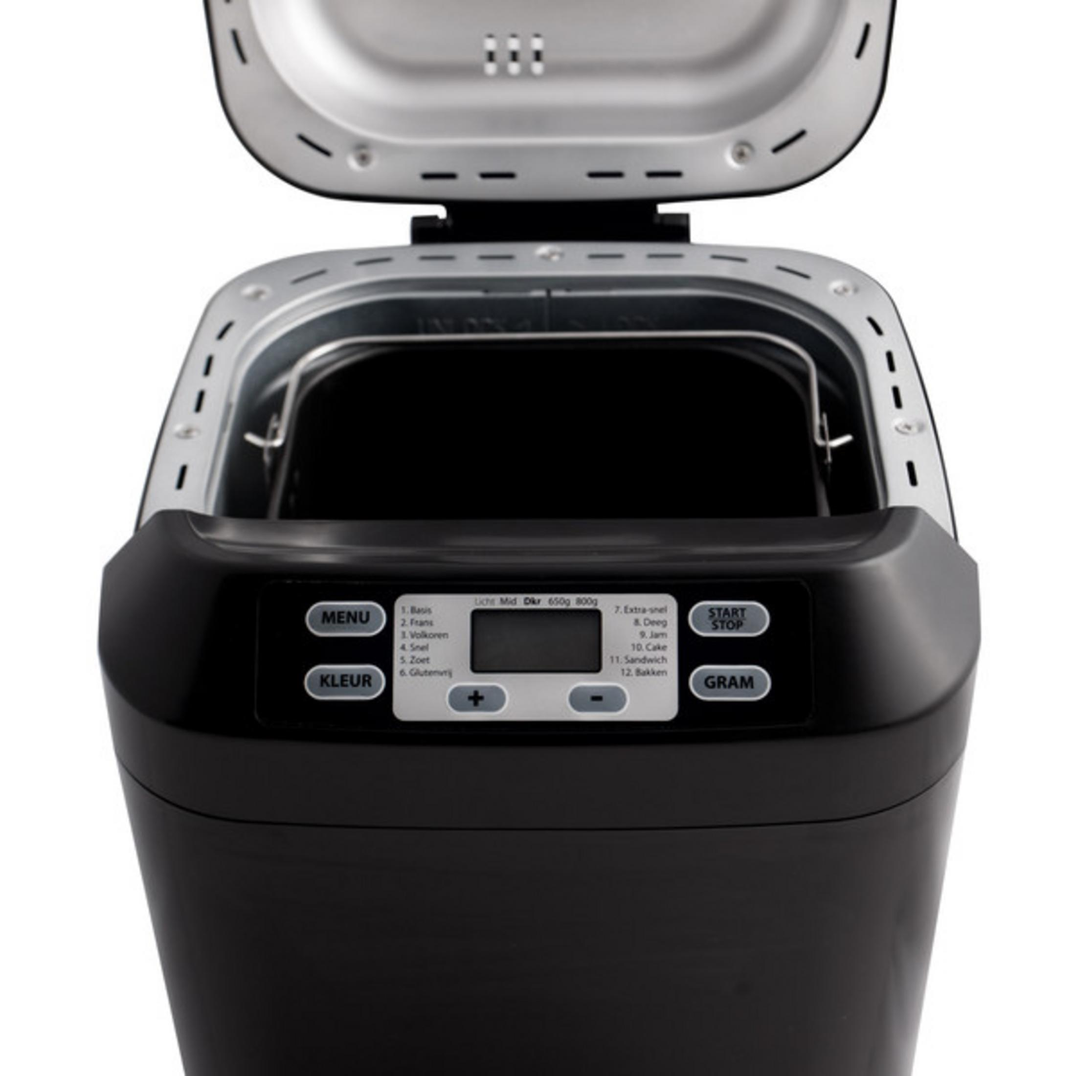 A black bread maker with its lid open and control panel visible.