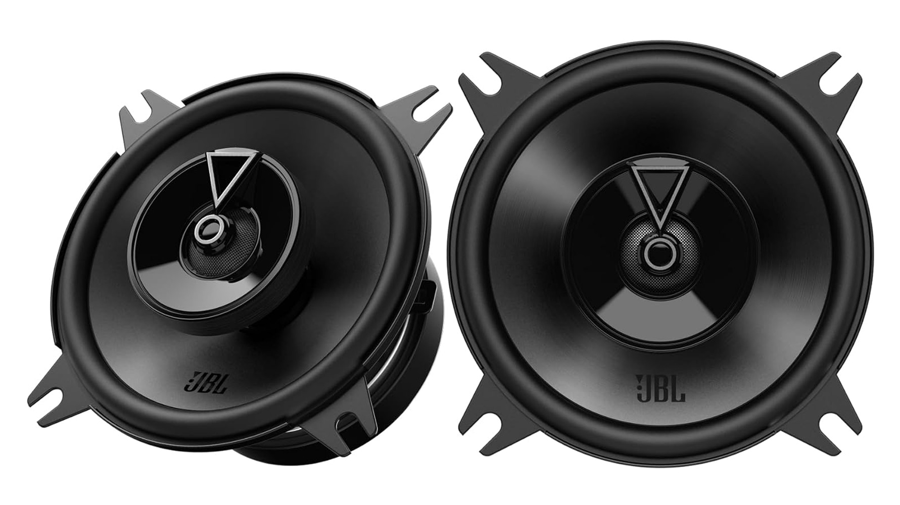 Deux haut-parleurs JBL noirs avec accents argentés et supports de montage.