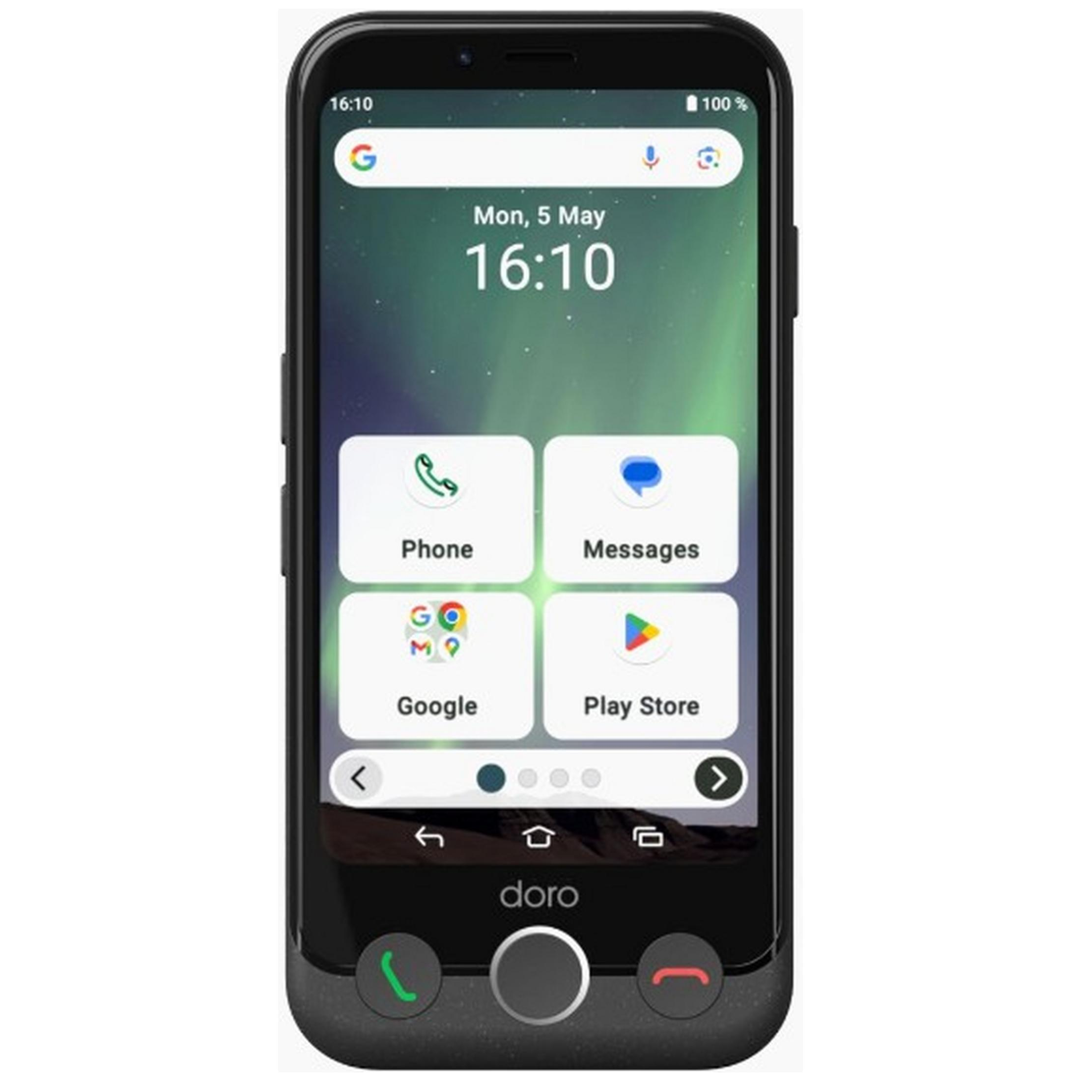 Un smartphone con fondo verde que muestra iconos de Teléfono, Mensajes, Google y Play Store.