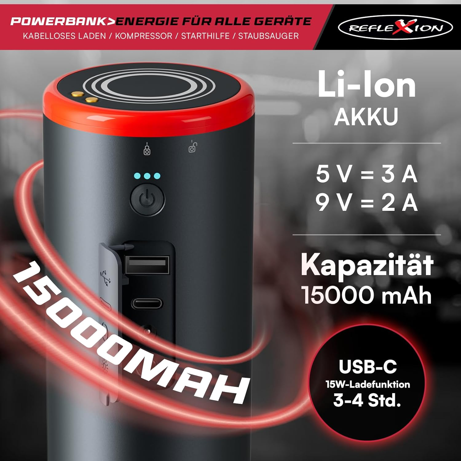 Schwarzes Powerbank mit rotem Rand, 15000 mAh, USB-C und Ladeanzeige.