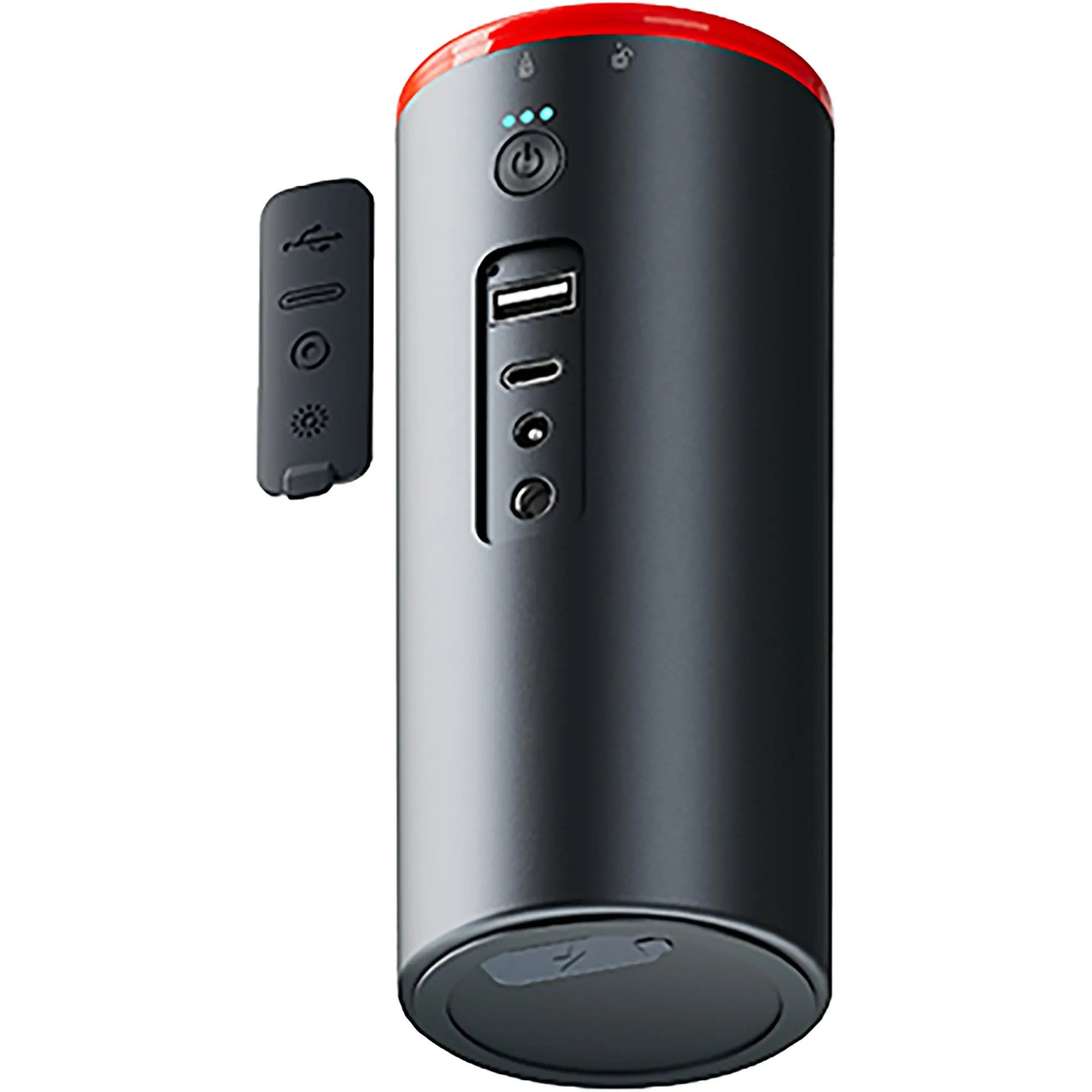 Schwarzer zylindrischer Akku mit rotem Ring, USB-Ports und Power-Taste.