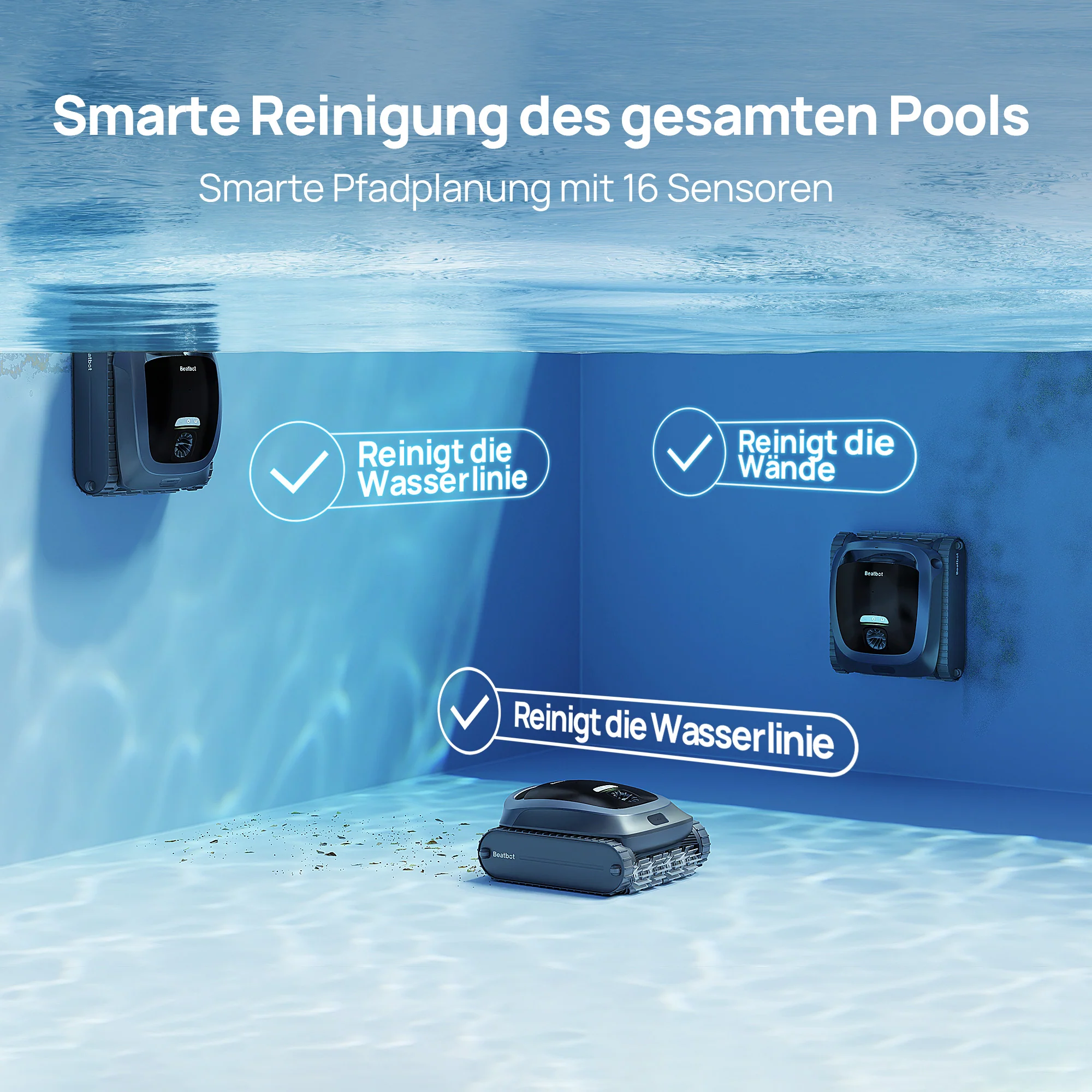 Poolreiniger reinigt Wände und Wasserlinie, mit Texten zu Funktionen.