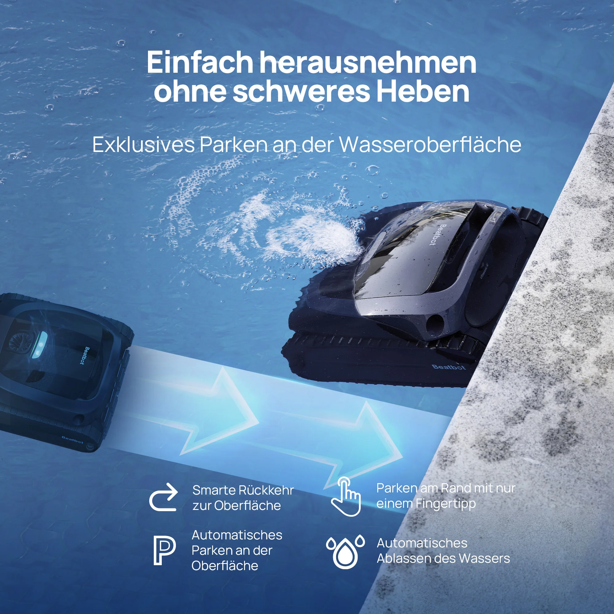 Ein schwarzer Poolroboter fährt auf dem Wasser, mit Text über Funktionen.