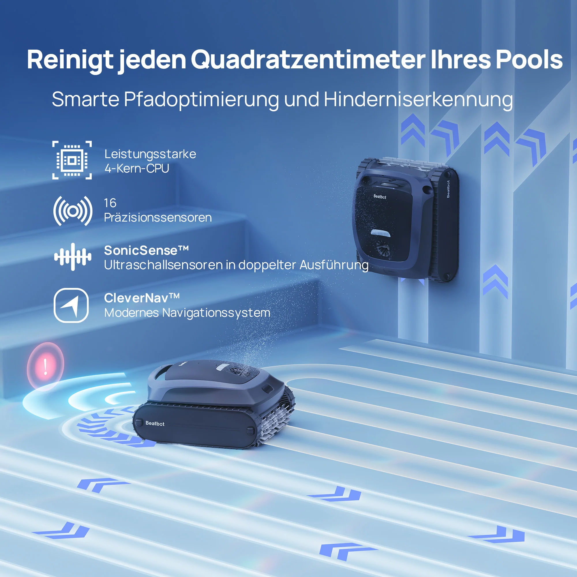 Zwei Beatbot Poolreiniger auf blauem Untergrund mit Pfeilen und Text.