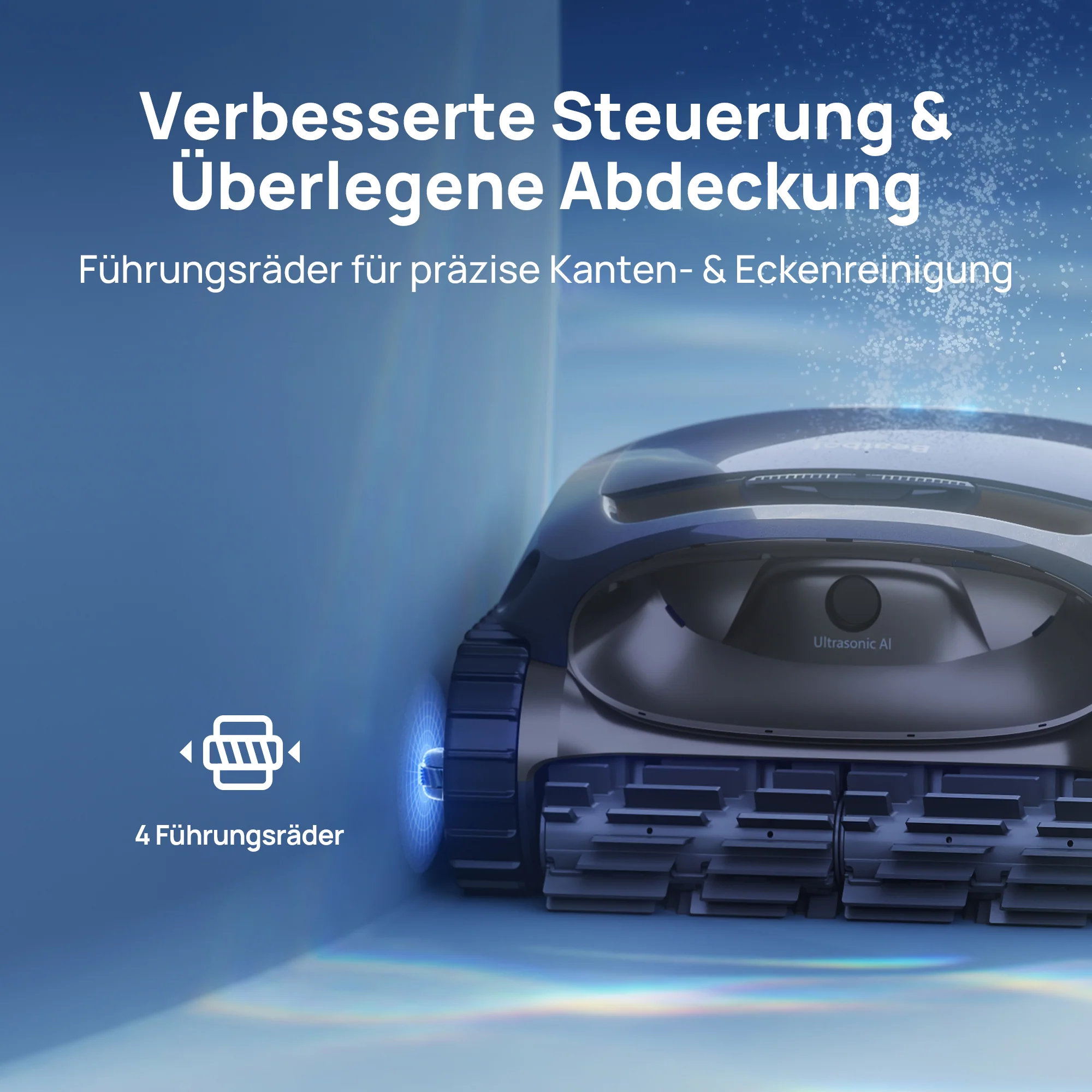 Ein Poolroboter mit Führungsrädern und der Aufschrift "Ultrasonic AI".