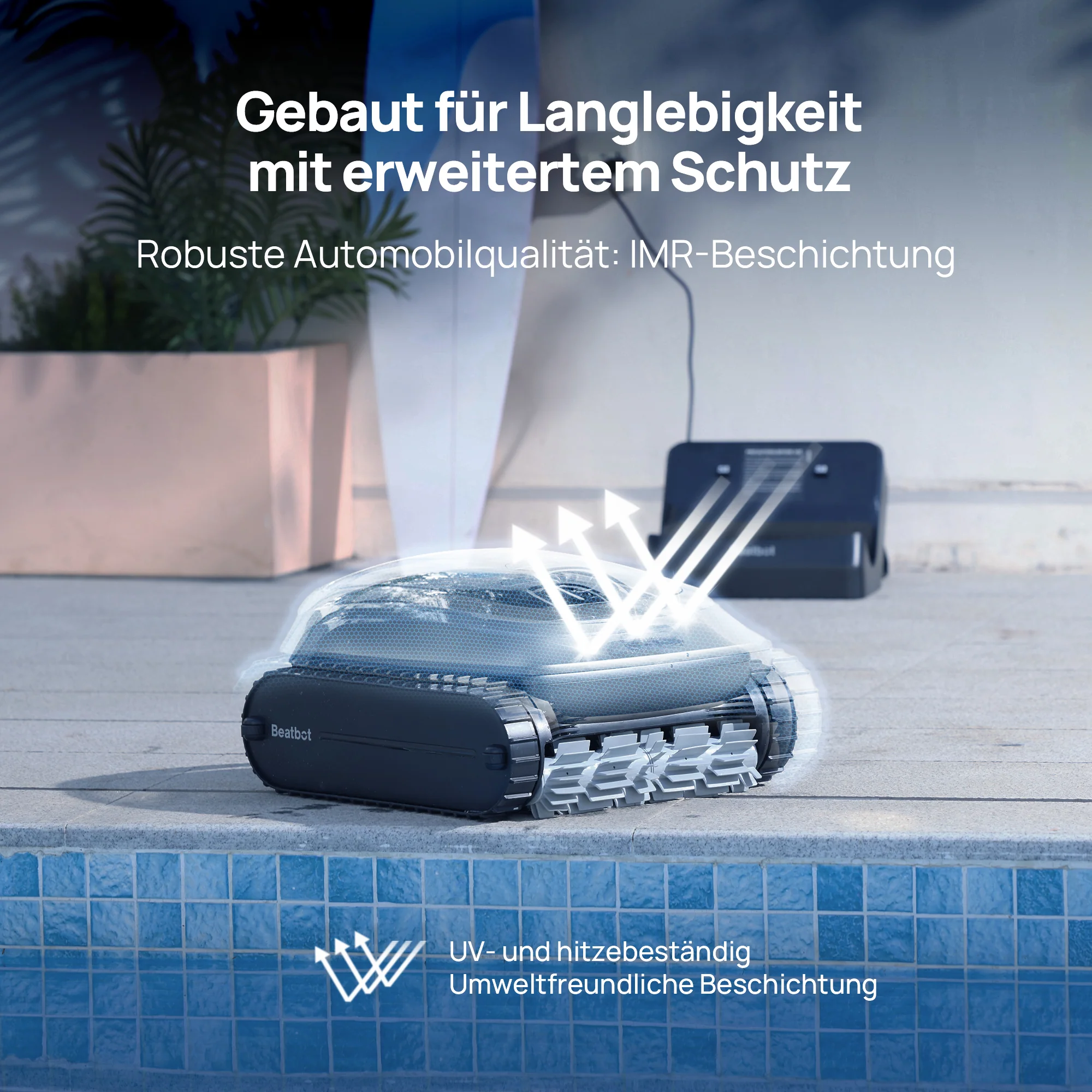 Ein Beatbot Poolroboter mit UV- und Hitzeschutzbeschichtung steht am Poolrand.