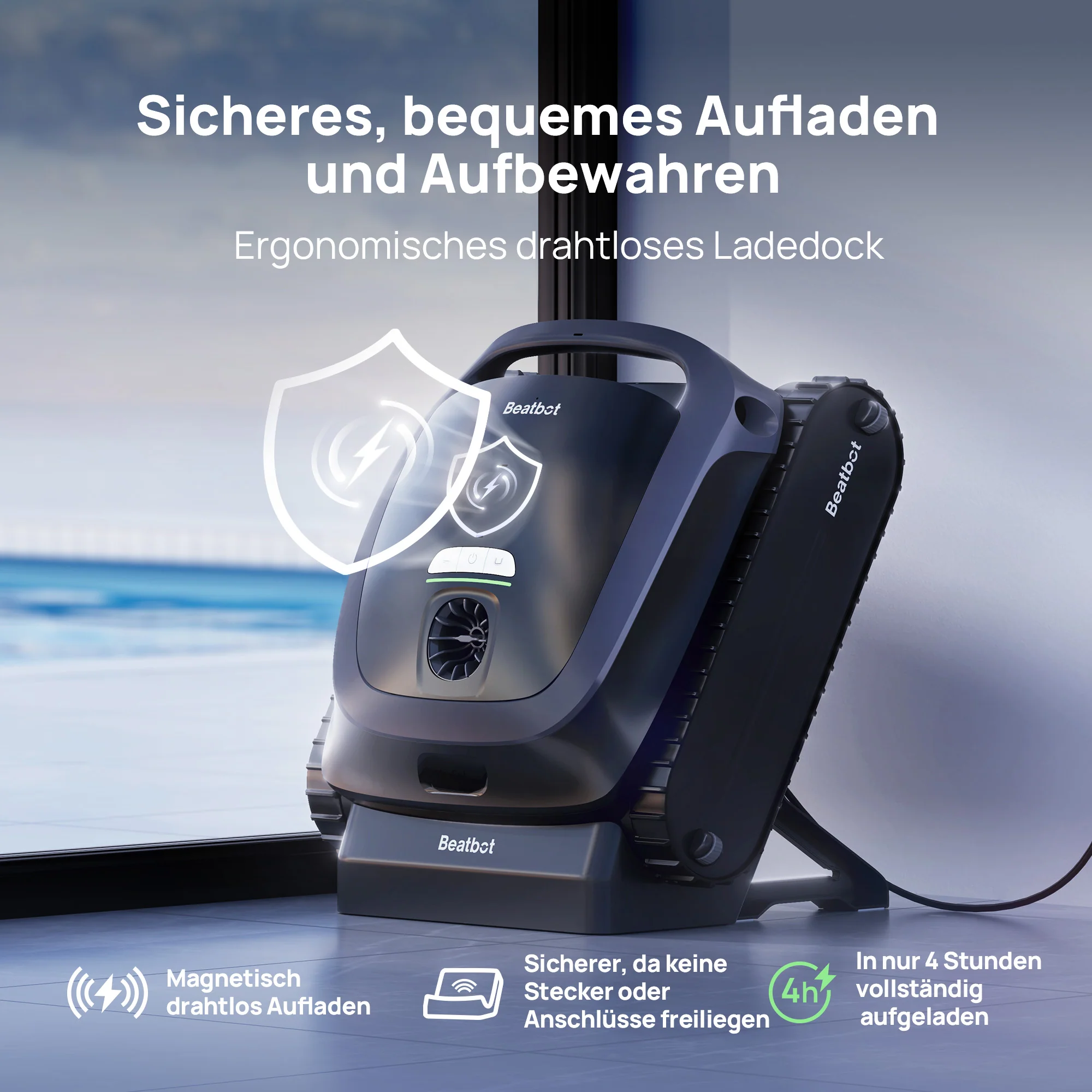 Ein dunkler Poolroboter mit Ladedock, der kabellos aufgeladen wird.