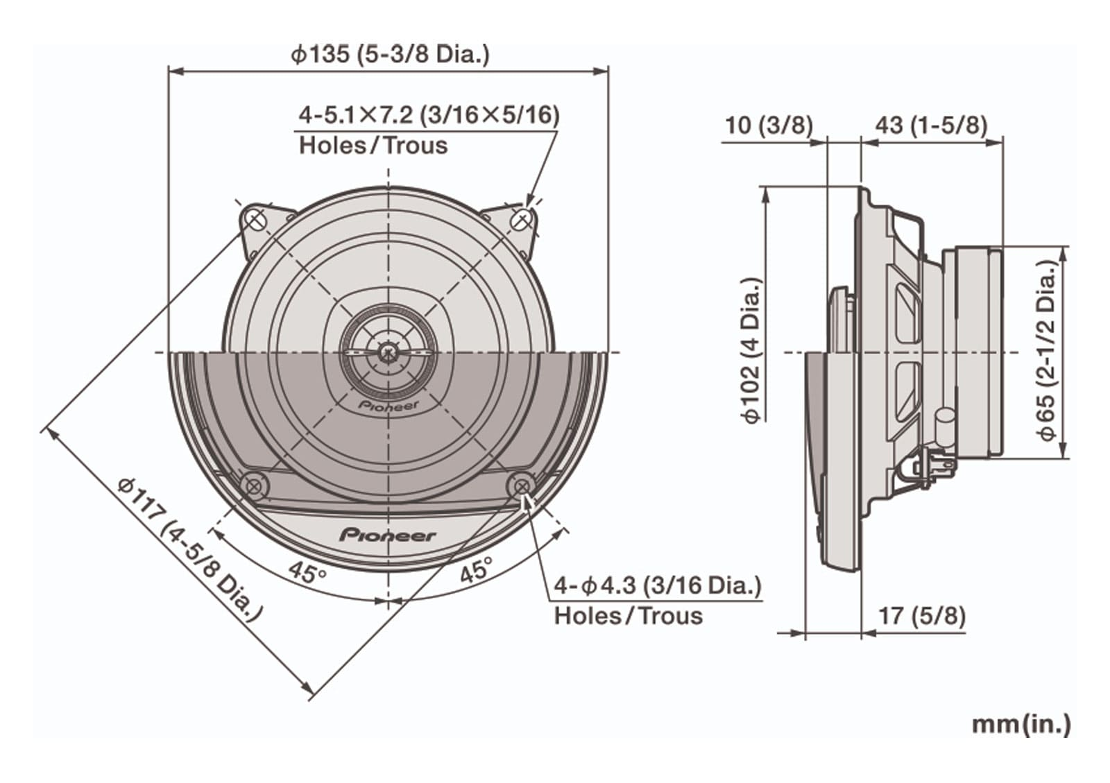 Dessin technique d'un haut-parleur Pioneer avec dimensions indiquées en mm et pouces.