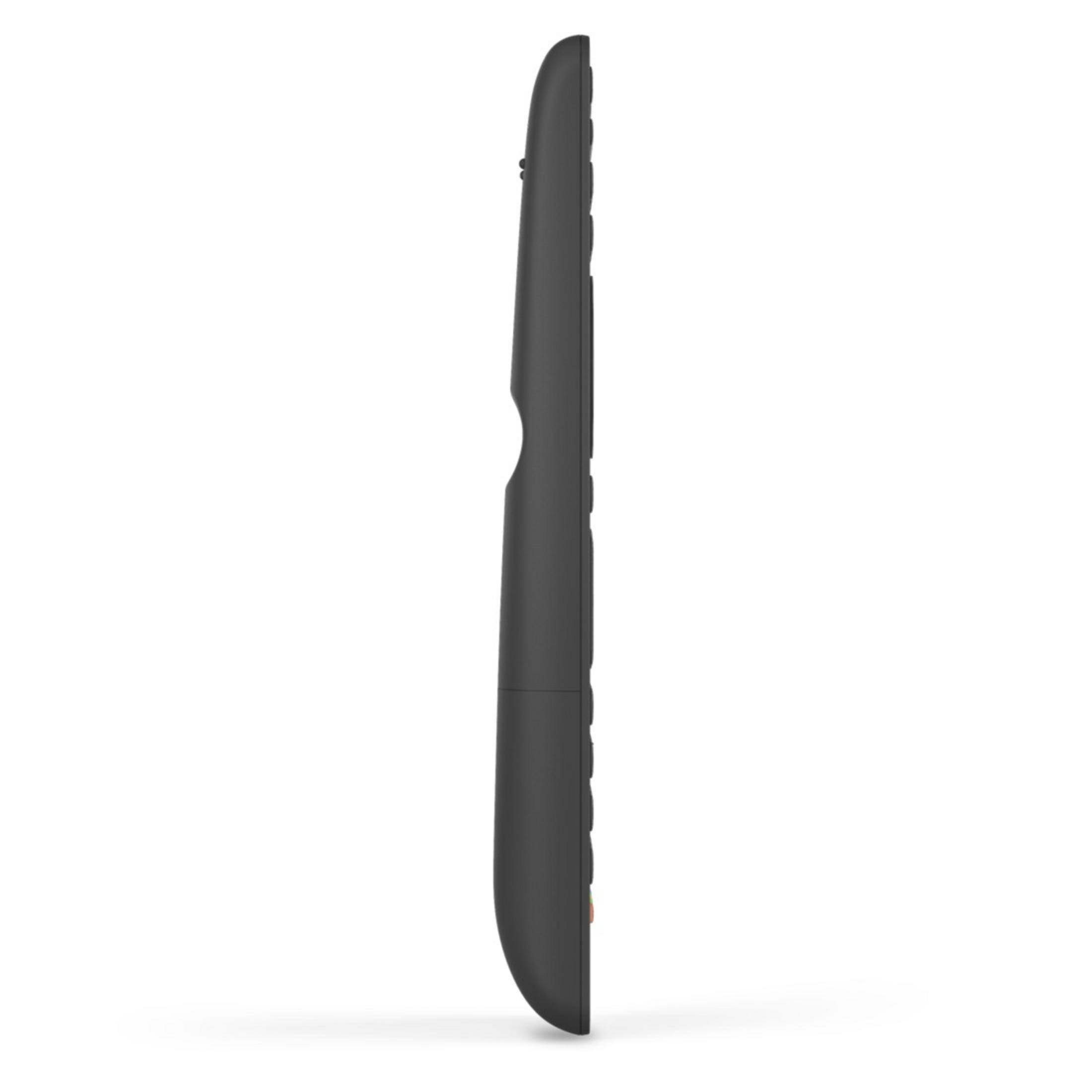 Schwarze Fernbedienung mit Tasten, von der Seite gesehen.