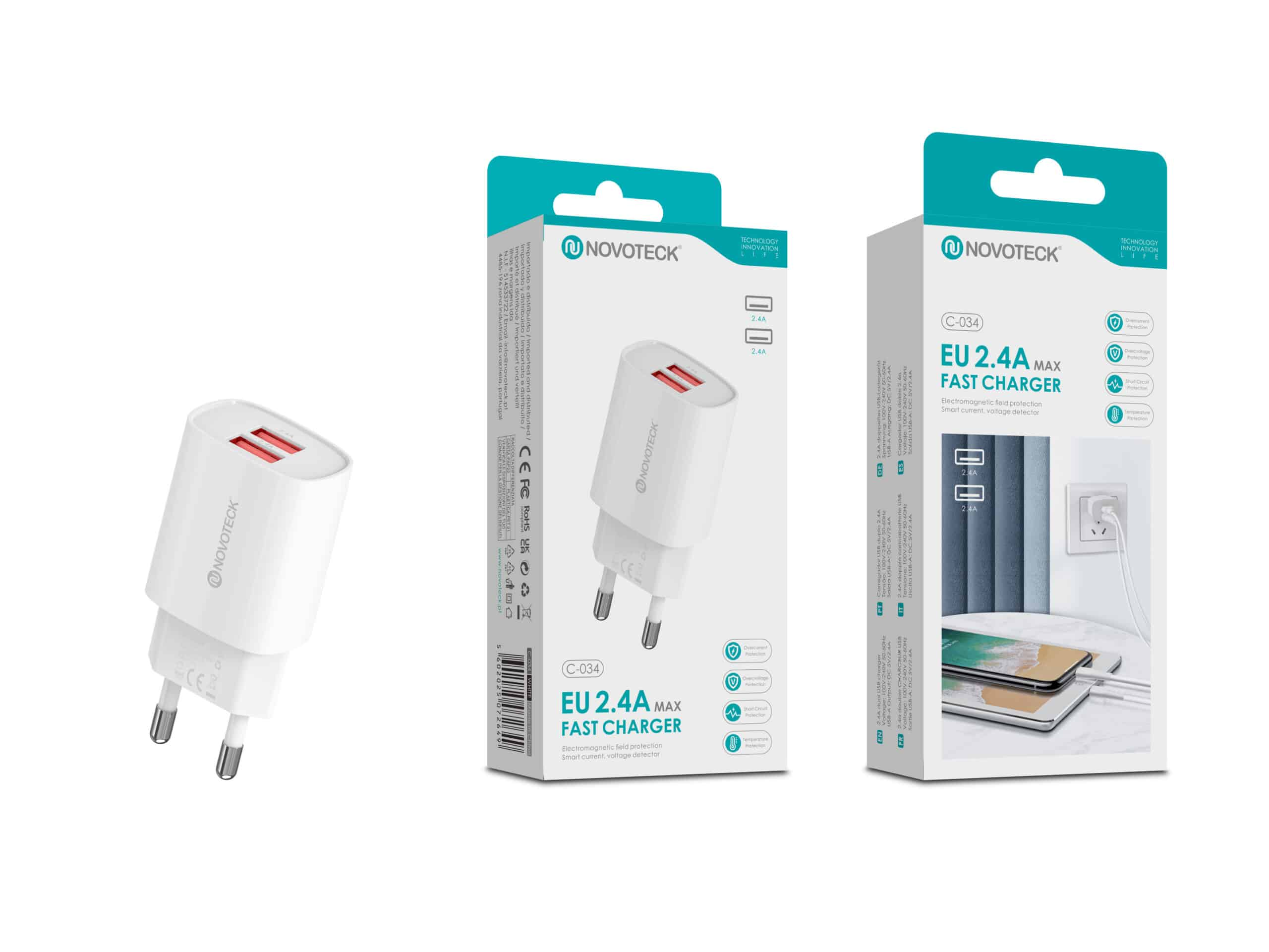 Un cargador Novoteck EU 2.4A blanco con dos puertos USB.