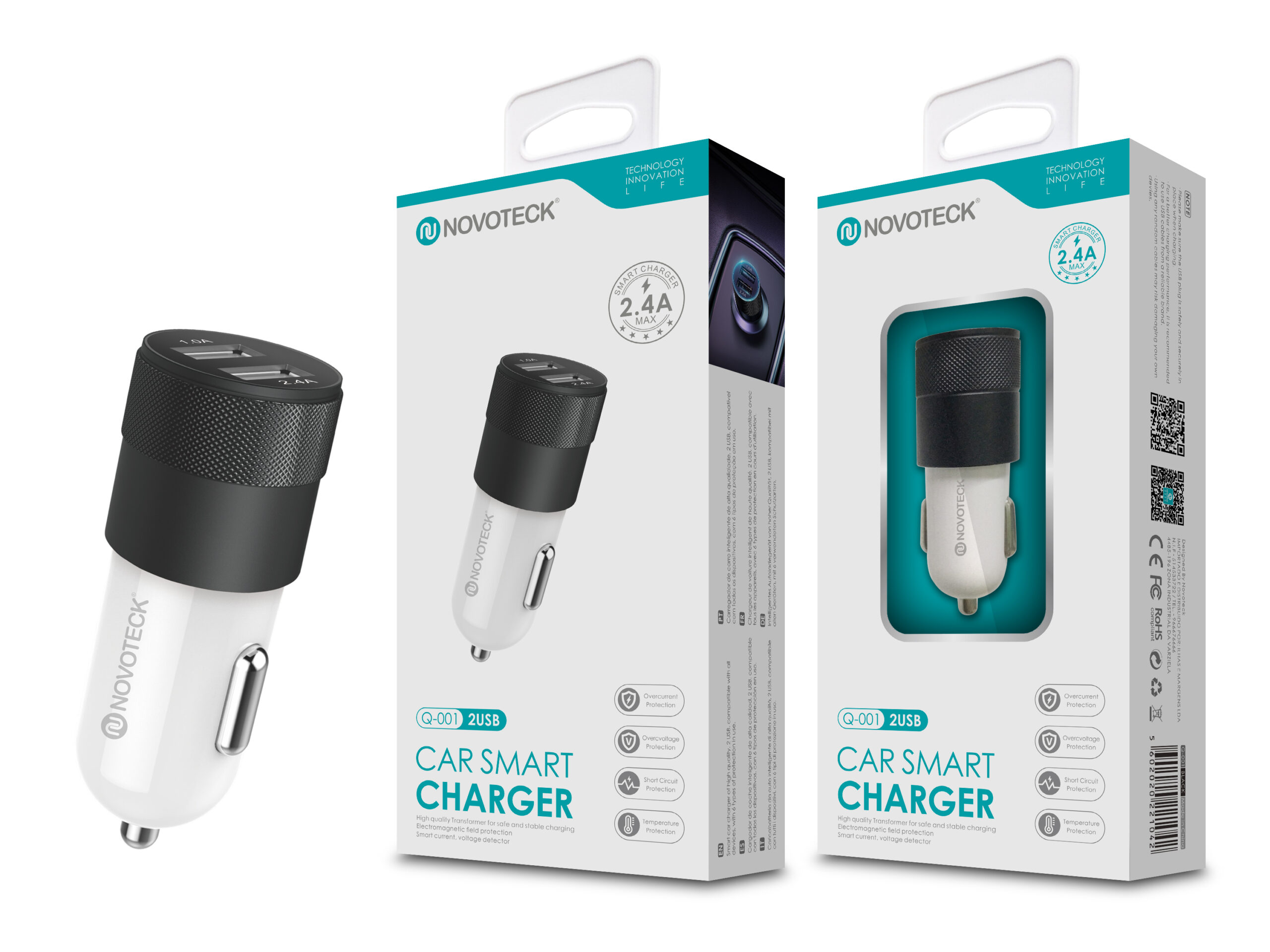 Dos cargadores de coche Novoteck de 2 puertos USB en su embalaje.
