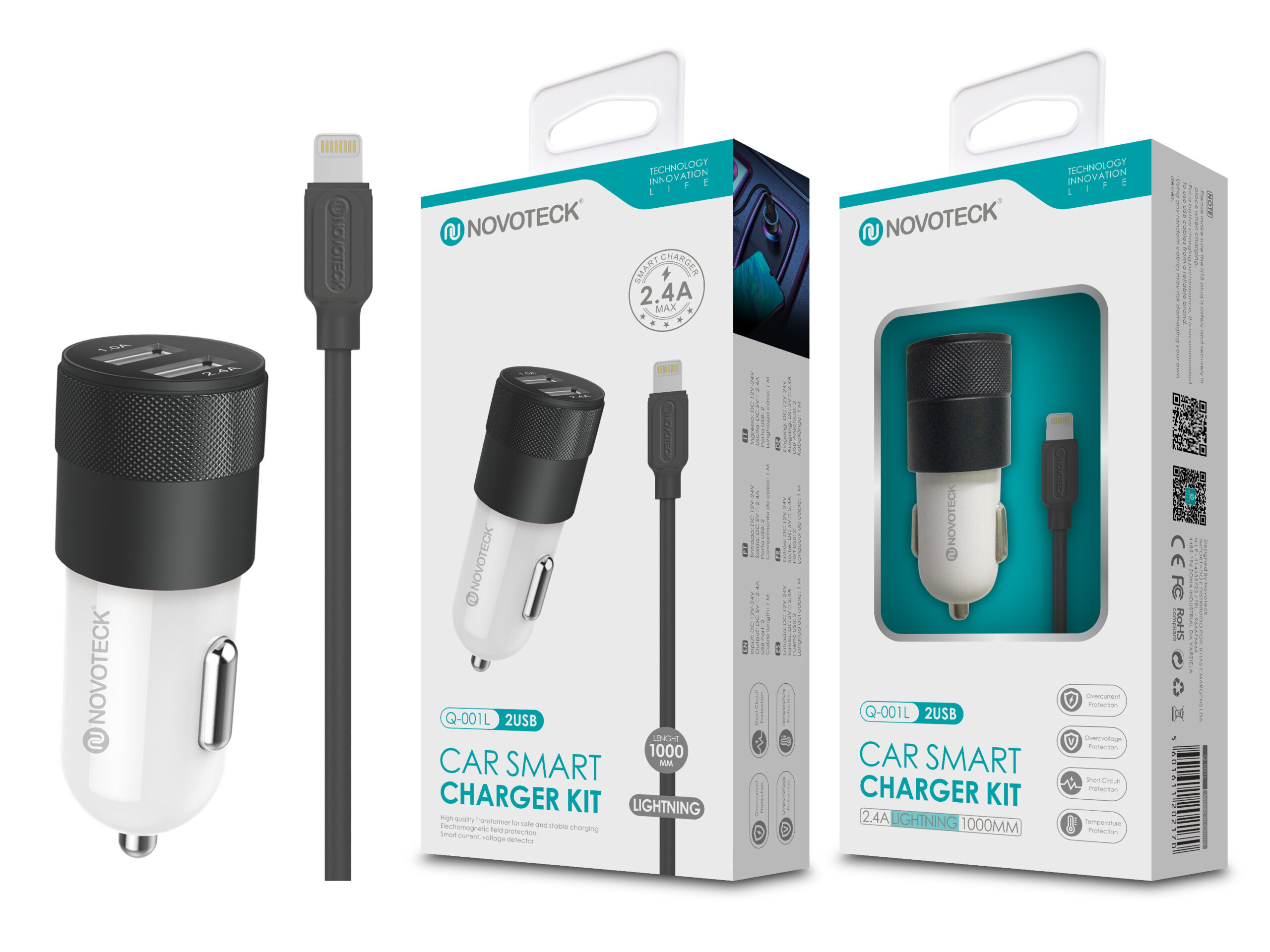 Dos cargadores de coche Novoteck con cables lightning y embalaje.