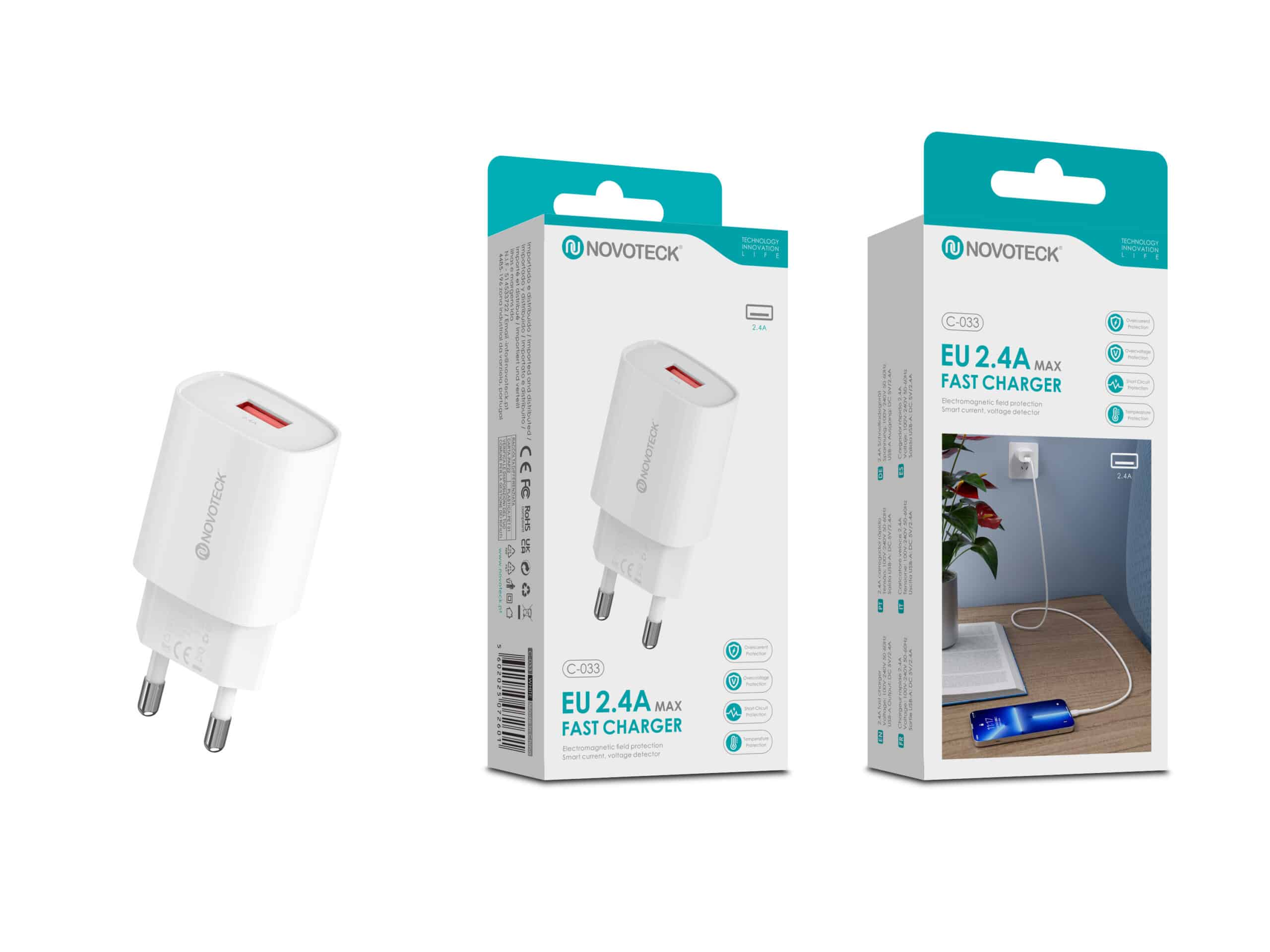 Cargadores USB Novoteck blancos y embalaje con detalles rojos sobre mesa de madera.