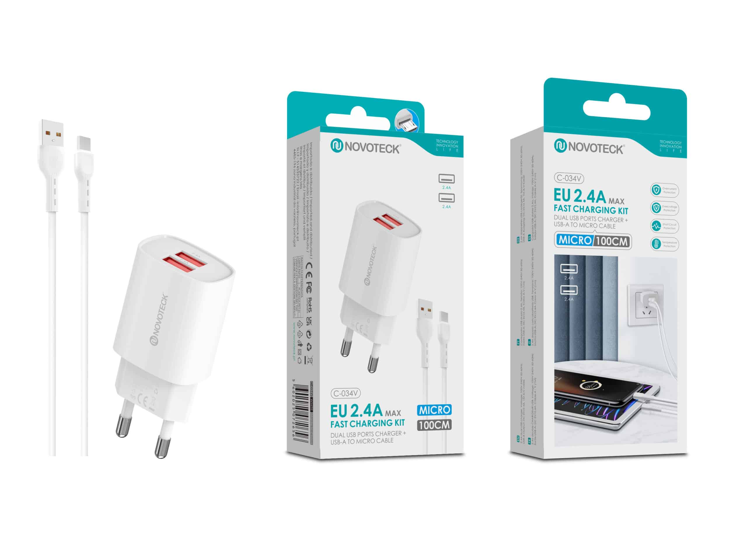 Un cargador blanco de doble puerto USB y un cable de carga uno al lado del otro.
