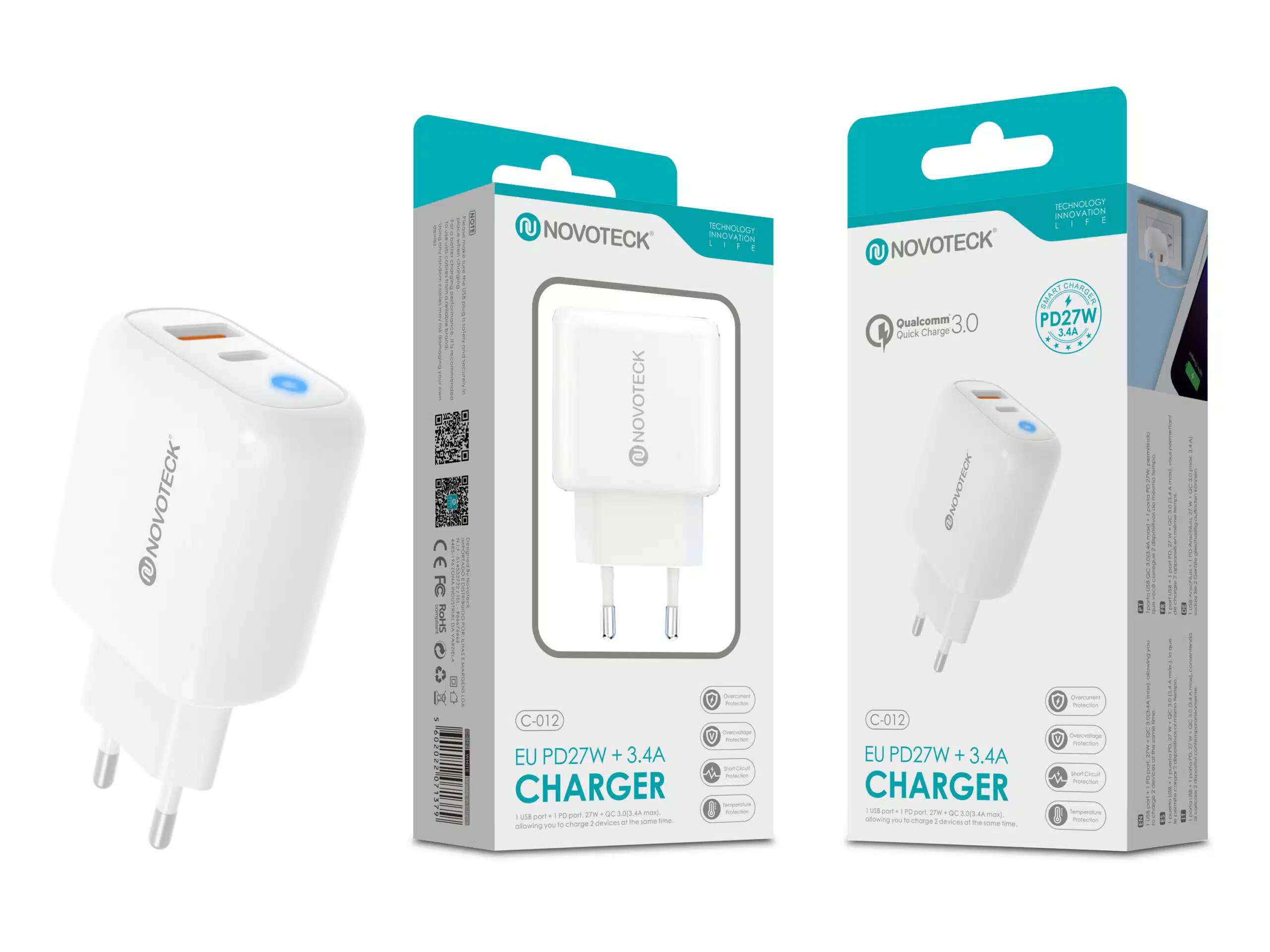 Un cargador blanco Novoteck EU PD27W+3.4A con dos puertos USB.