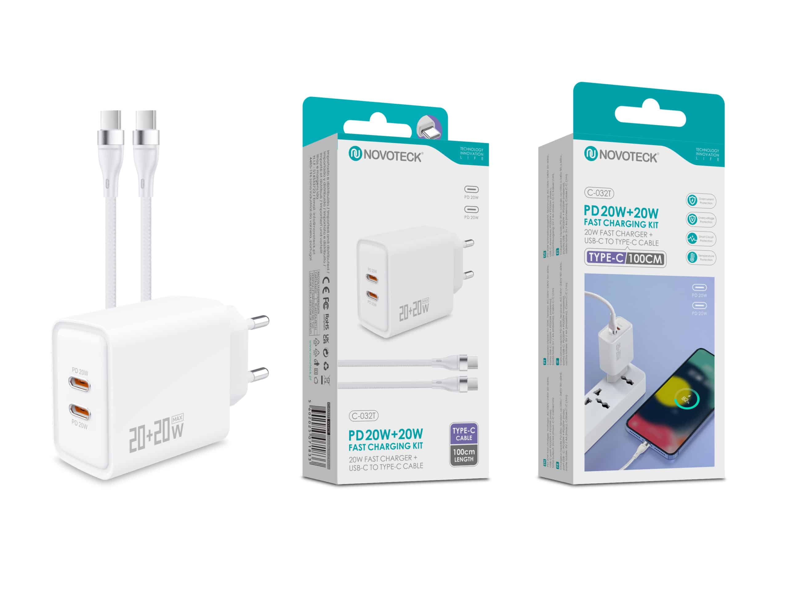 Un cargador blanco Novoteck con dos puertos USB-C y dos cables.