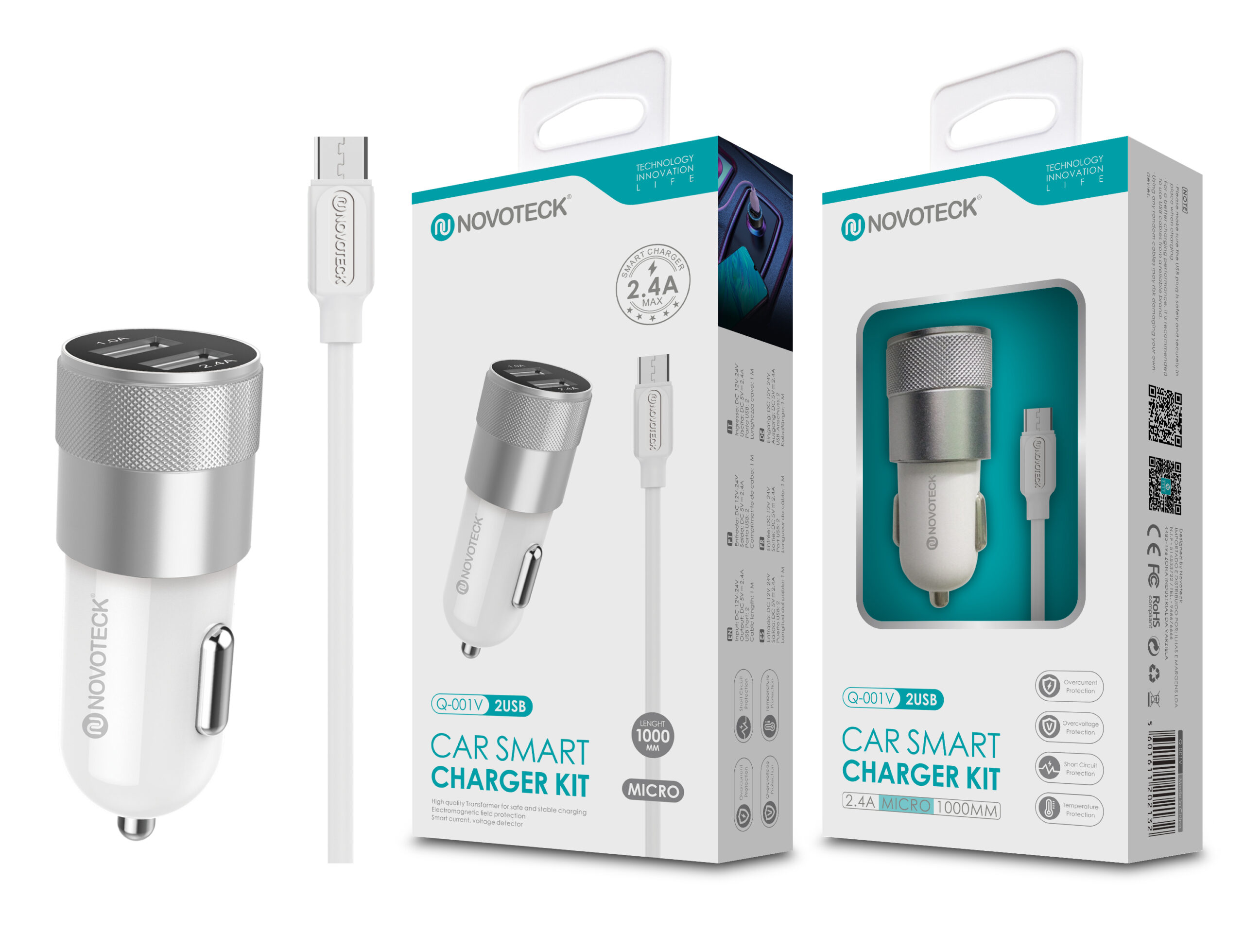 Dos cargadores de coche Novoteck con puertos USB y un cable de carga.