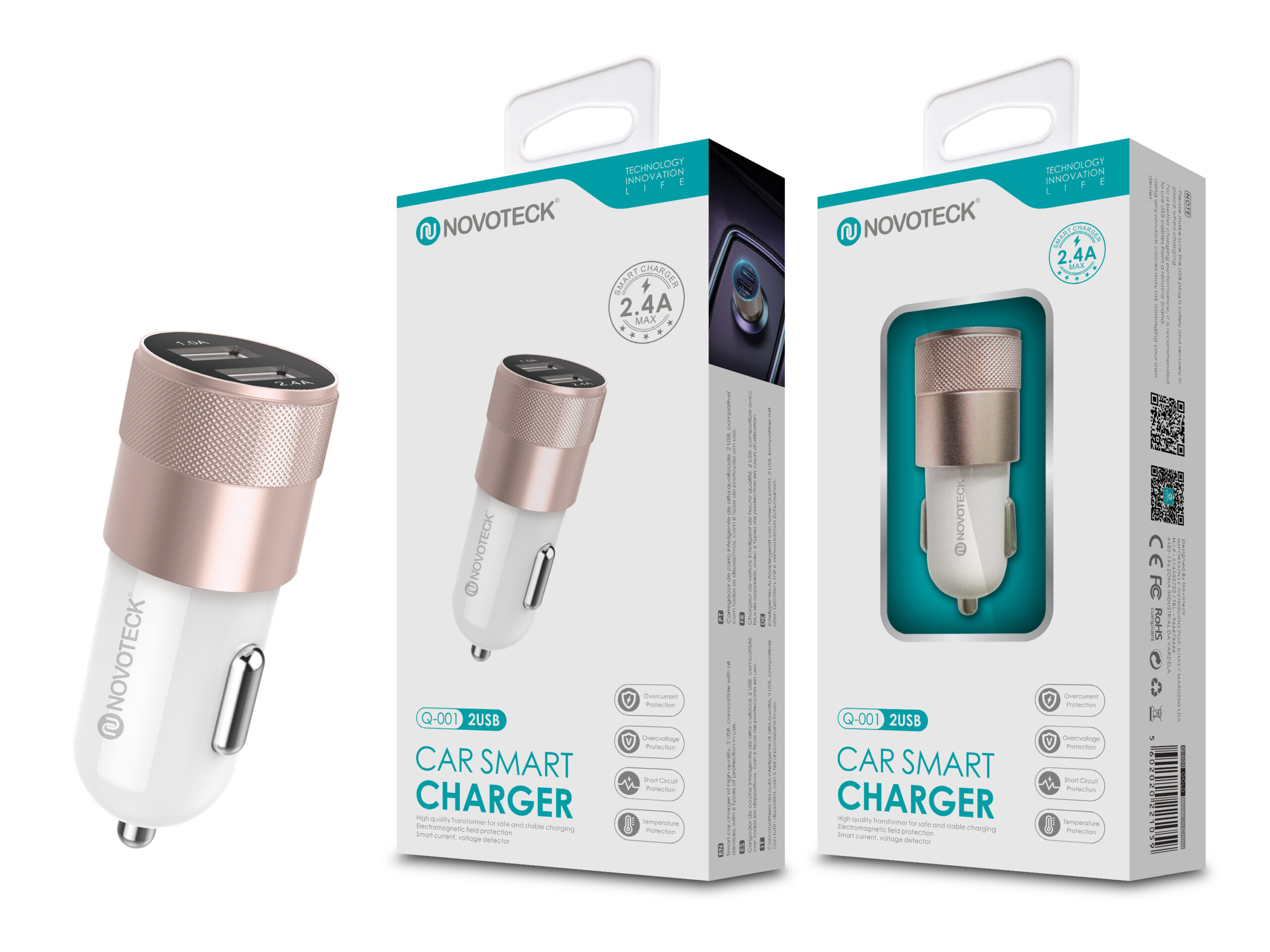 Dos cargadores de coche Novoteck de 2 USB, blancos y oro rosa, con embalaje.