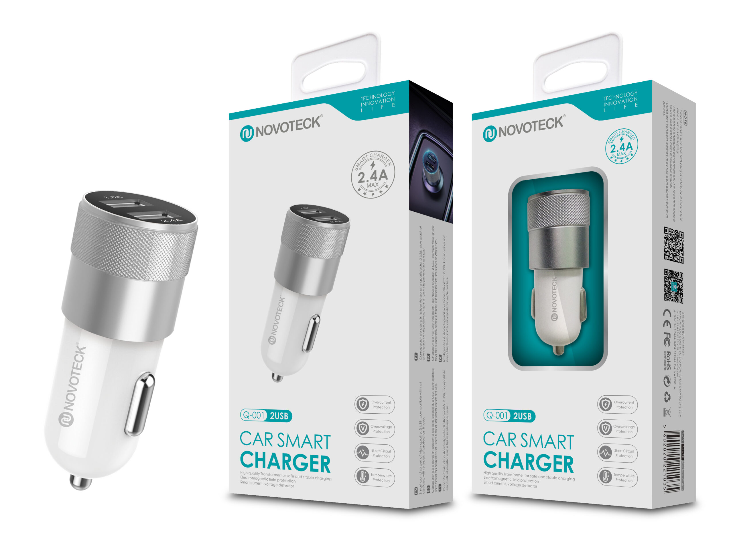 Dos cargadores de coche Novoteck de 2 USB blancos con parte superior plateada.