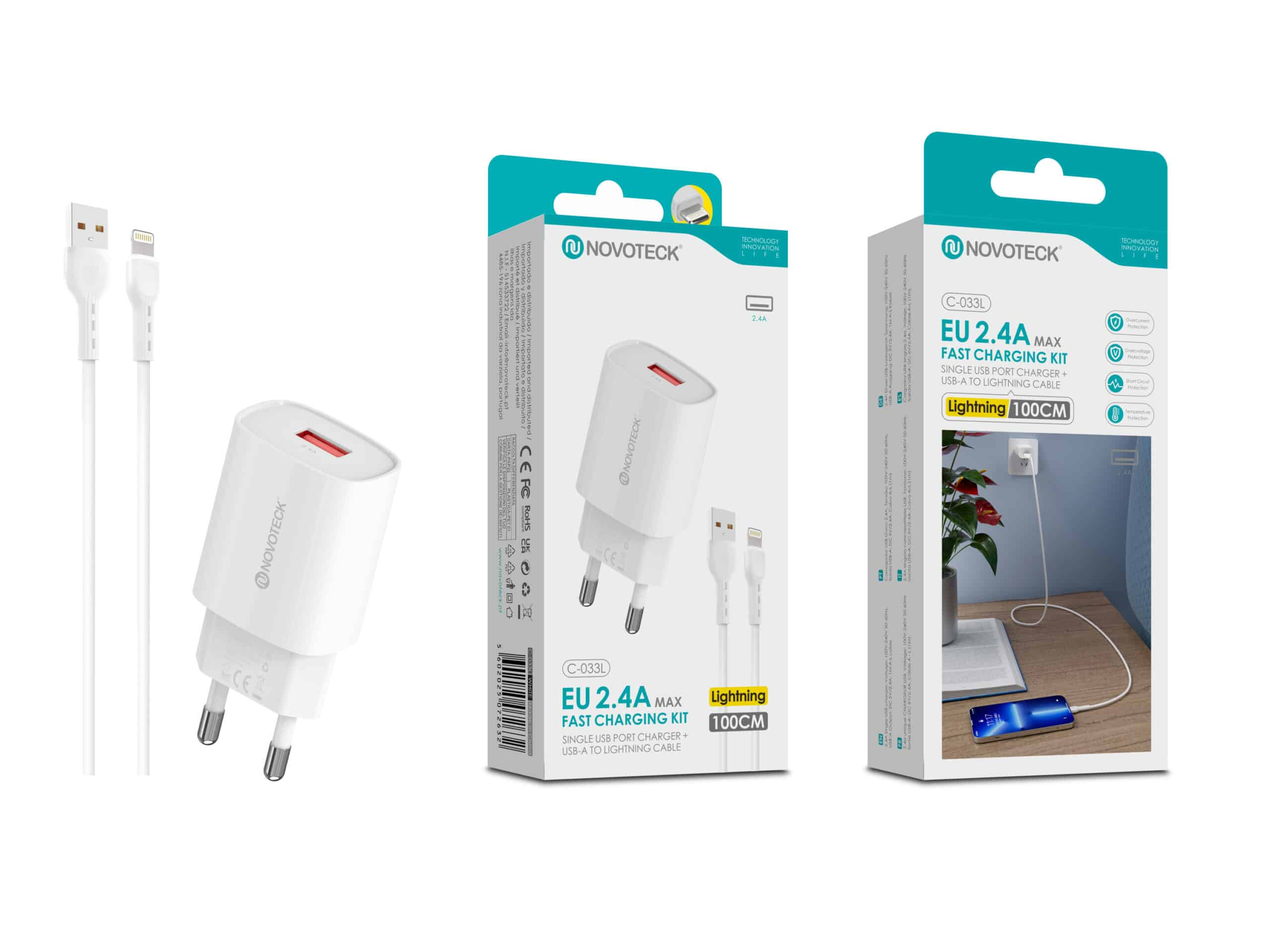 Cargador USB blanco Novoteck y cable Lightning sobre fondo blanco.