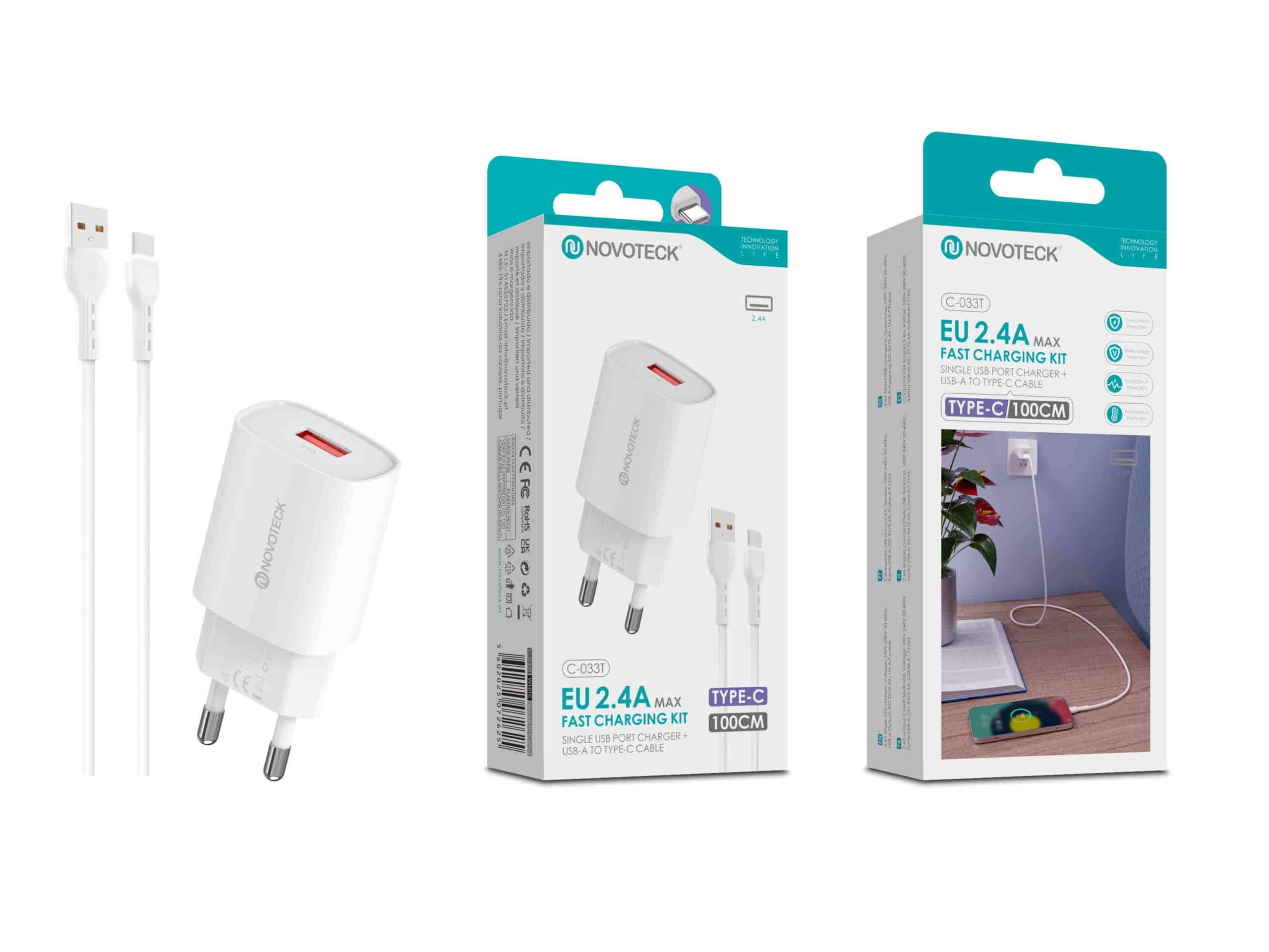 Un cargador Novoteck blanco con dos cables USB-A a USB-C y embalaje.