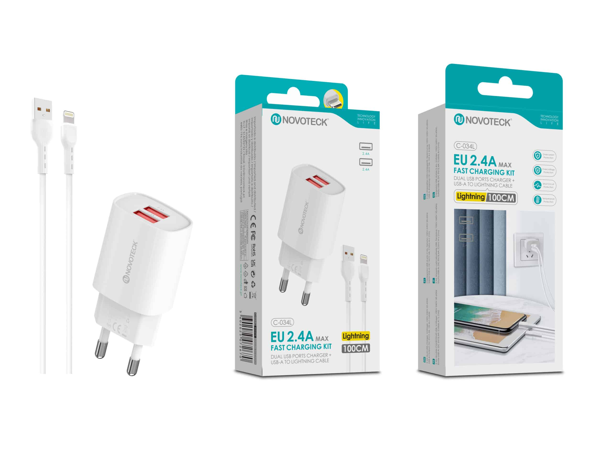Un cargador blanco Novoteck de doble puerto USB y un cable blanco USB-A a Lightning.