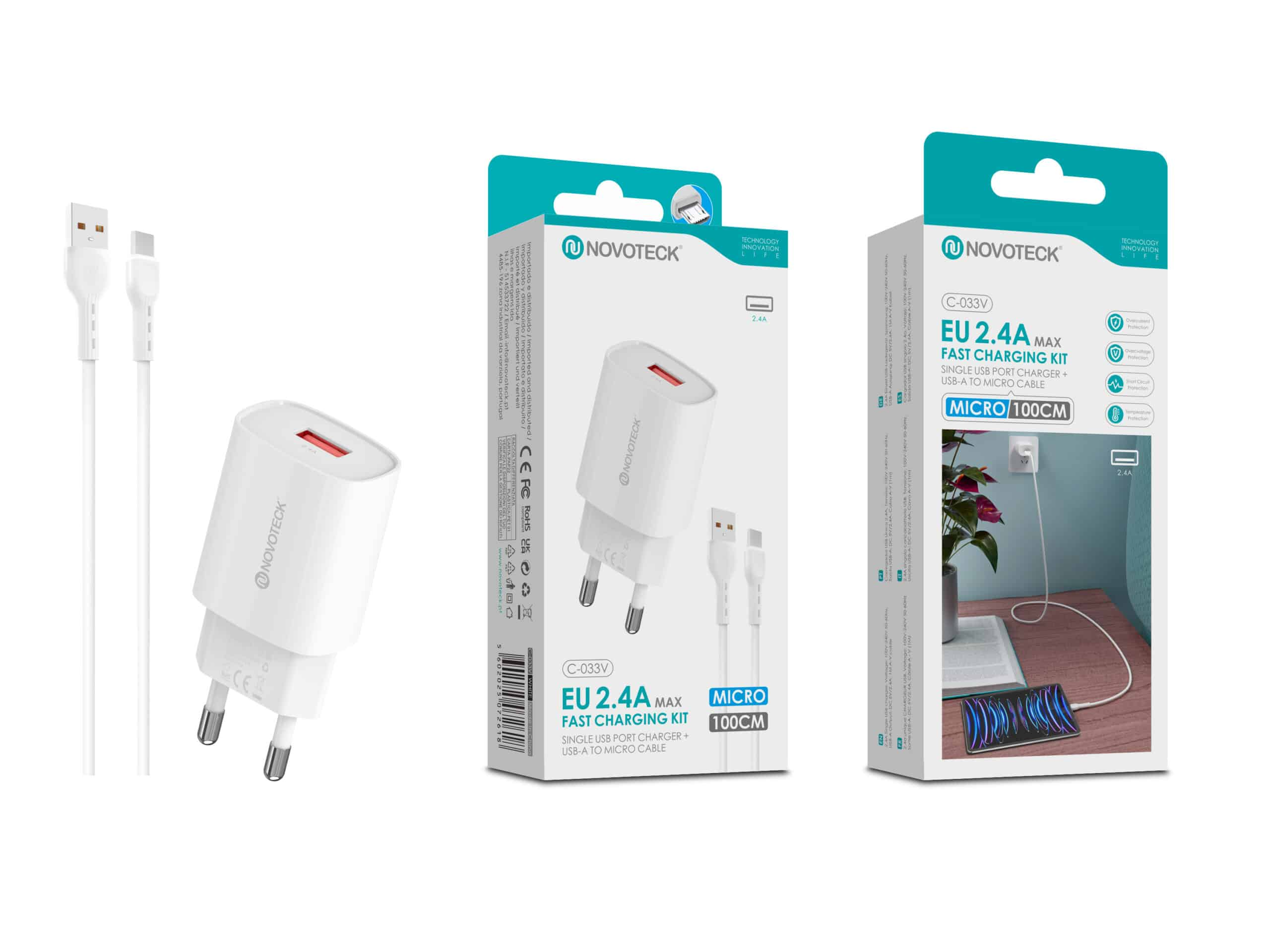 Cargador y cable Noveteck blancos, empaquetados y por separado.