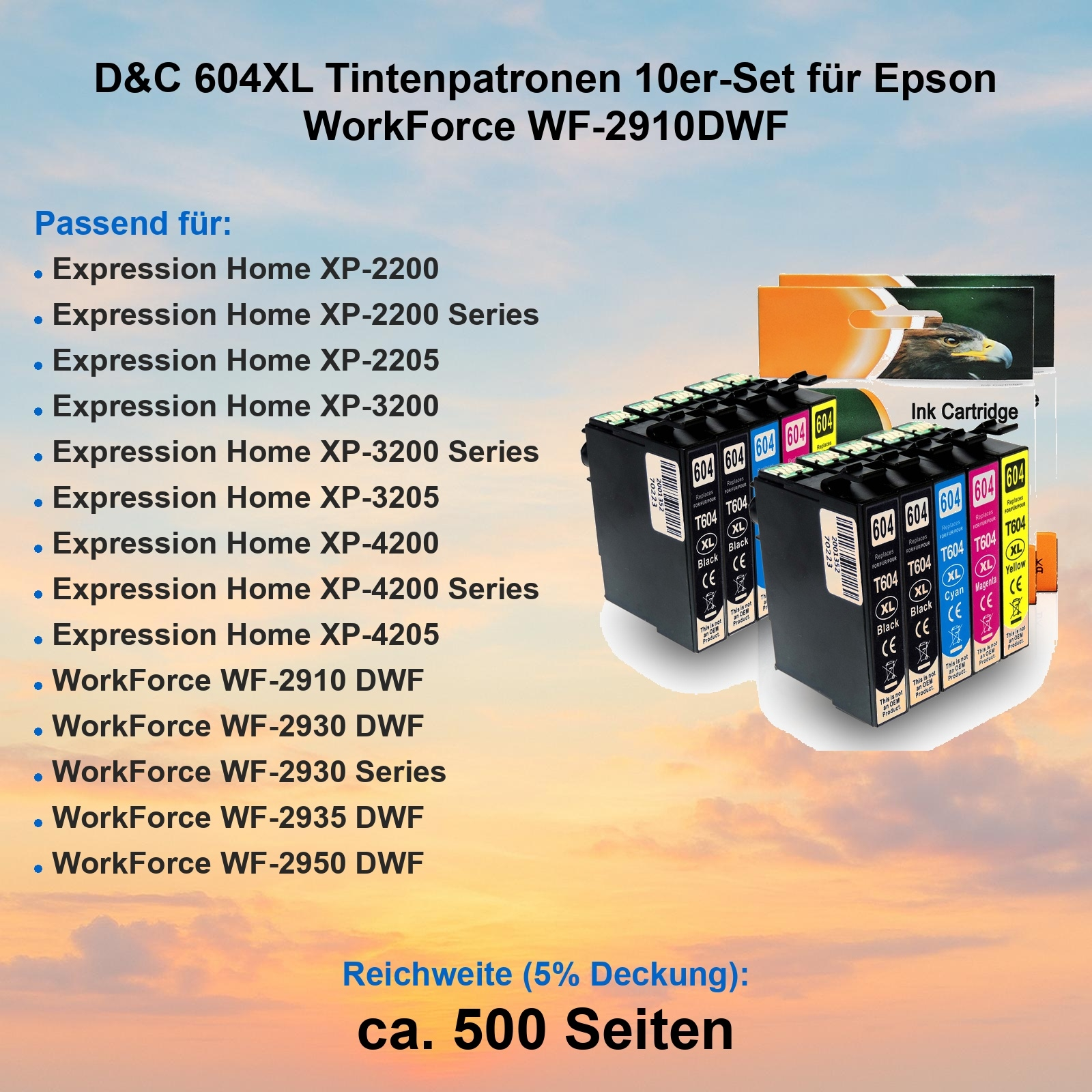Zehnerpack D&C 604XL Tintenpatronen für Epson WorkForce WF-2910DWF.