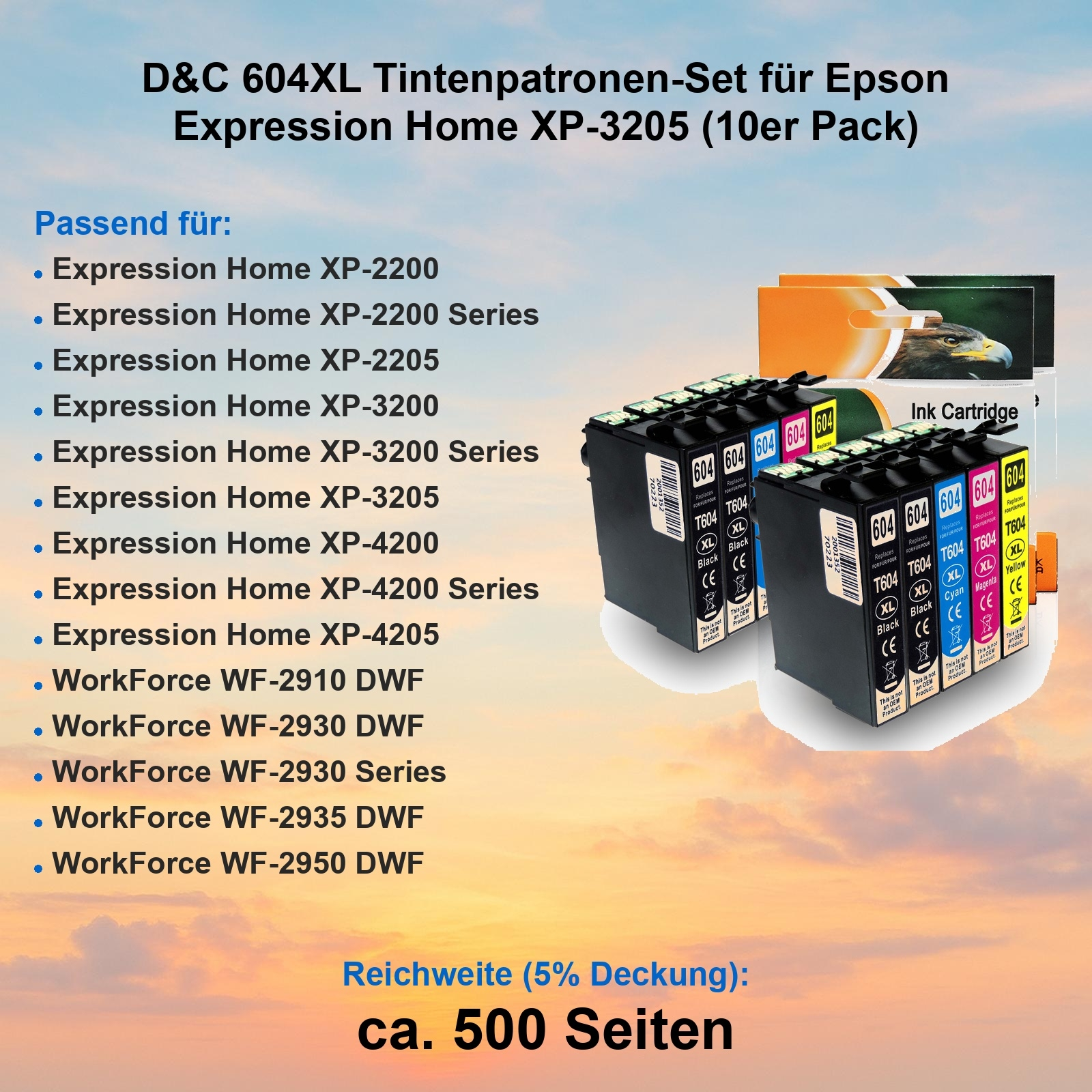 Zehnerpack D&C 604XL Tintenpatronen für Epson Expression Home XP-3205.