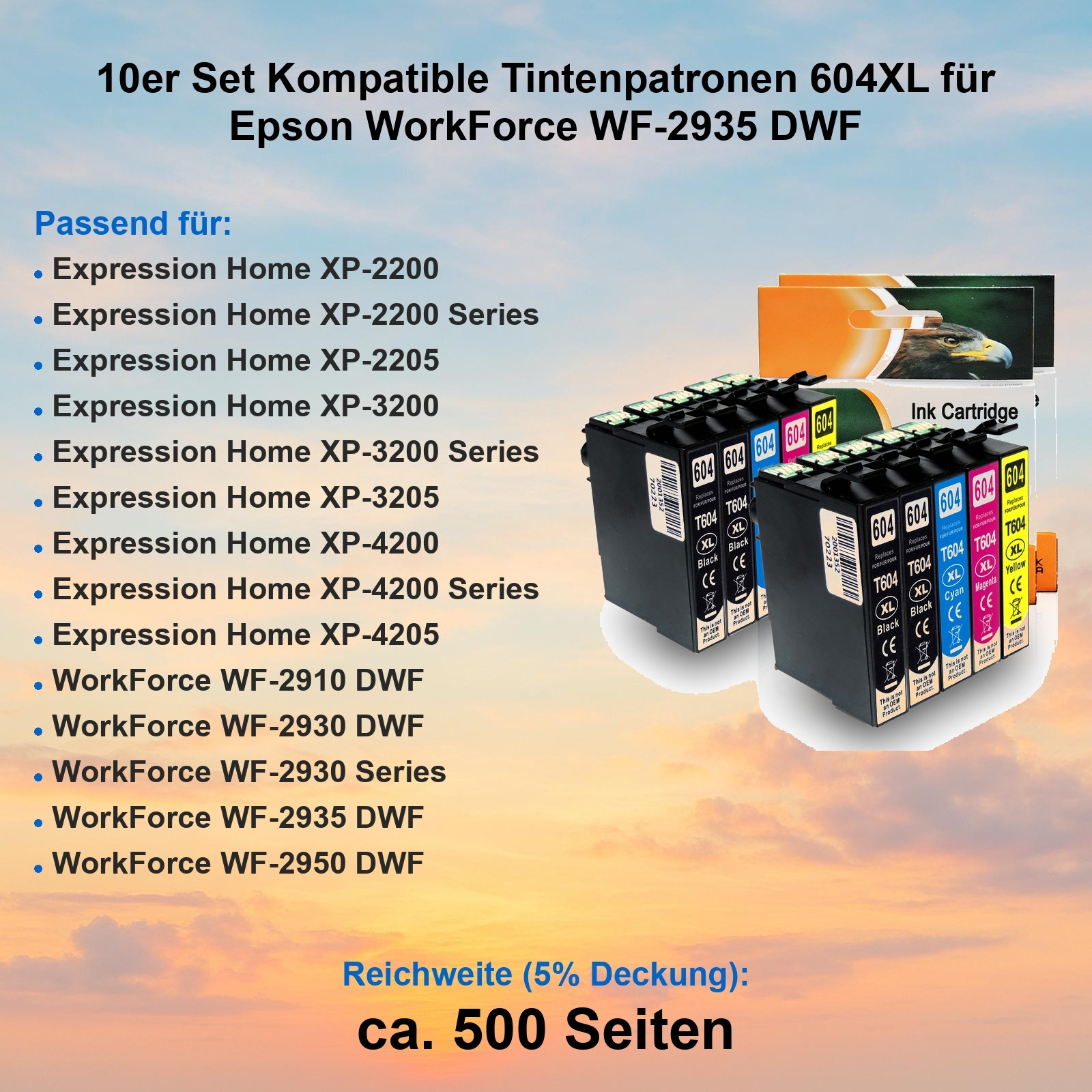 Zehn kompatible Tintenpatronen 604XL für Epson WorkForce WF-2935 DWF.