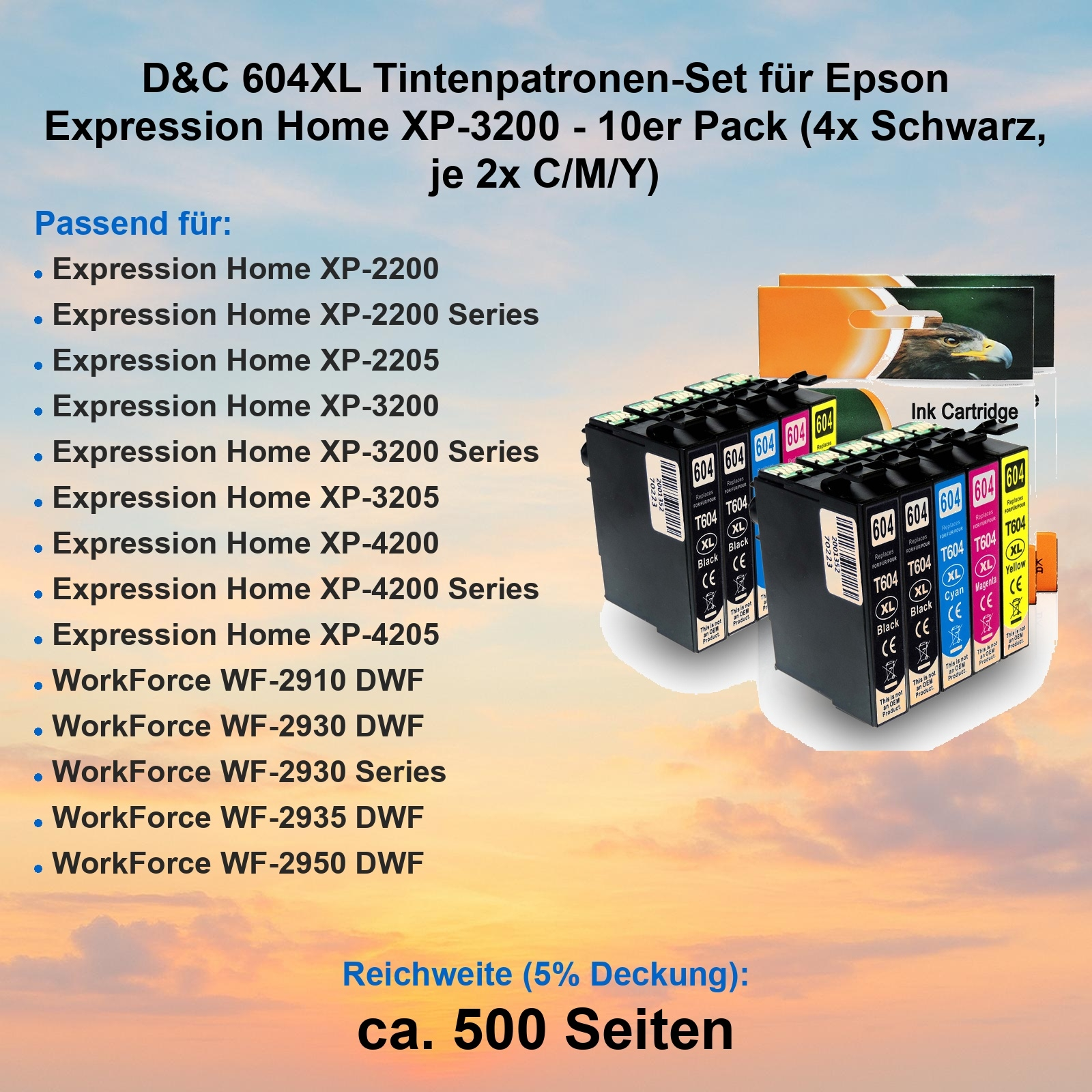 Zehn Epson 604XL Tintenpatronen in Schwarz, Cyan, Magenta und Gelb.