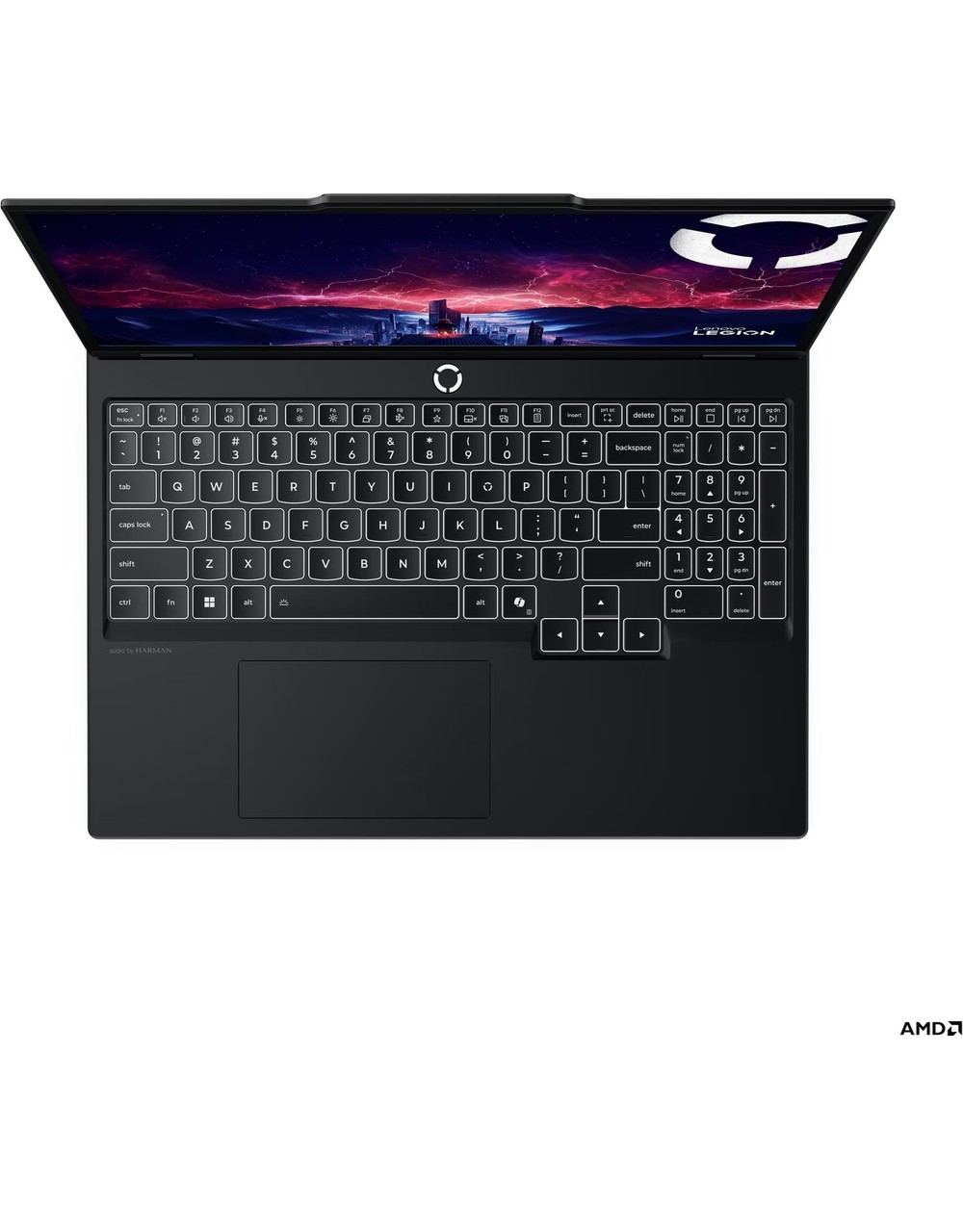 Parlak masaüstü arka planına ve ışıklı klavyeye sahip siyah Lenovo Legion dizüstü bilgisayar.