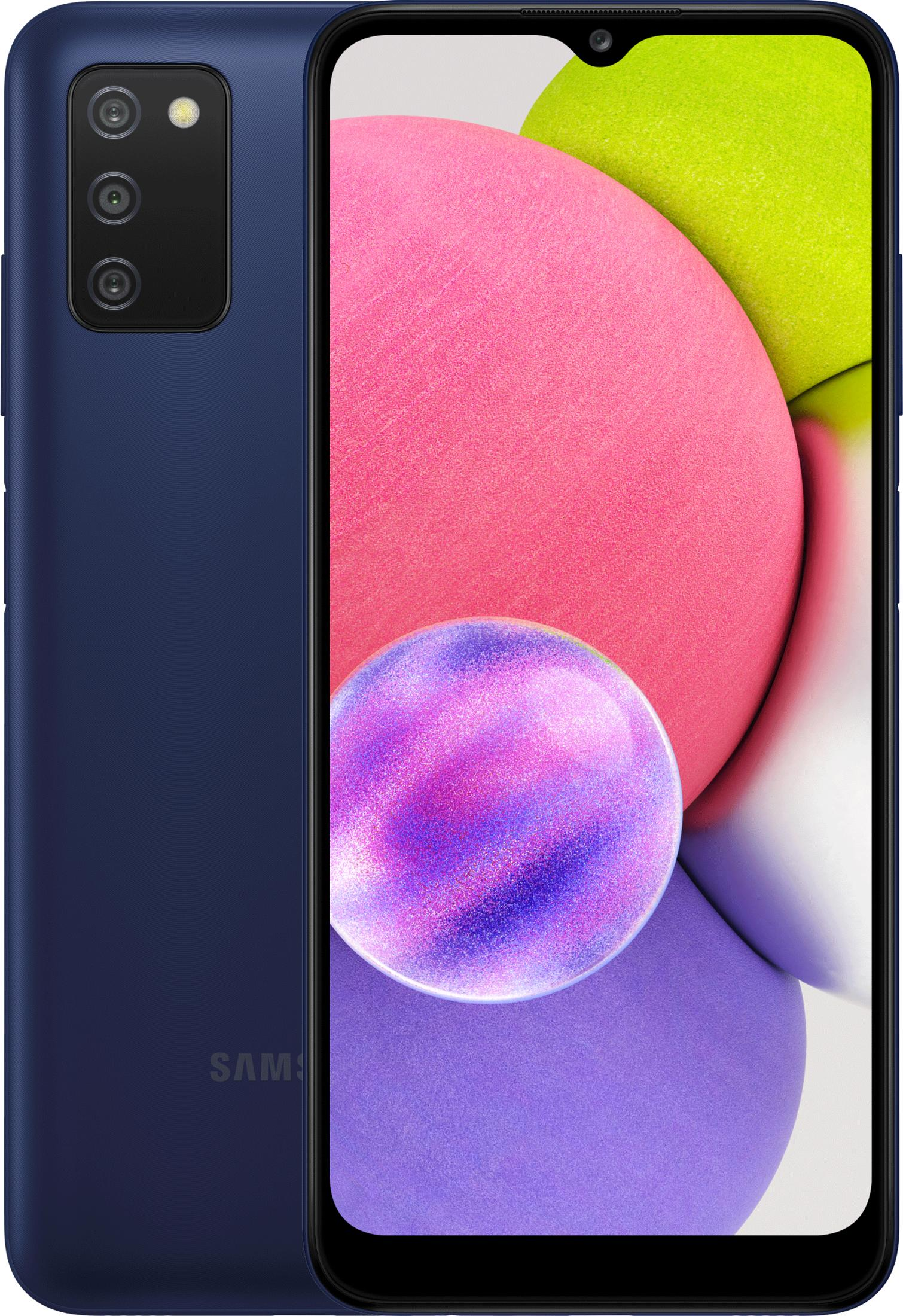 Smartphone blu scuro con tripla fotocamera e sfondo colorato.