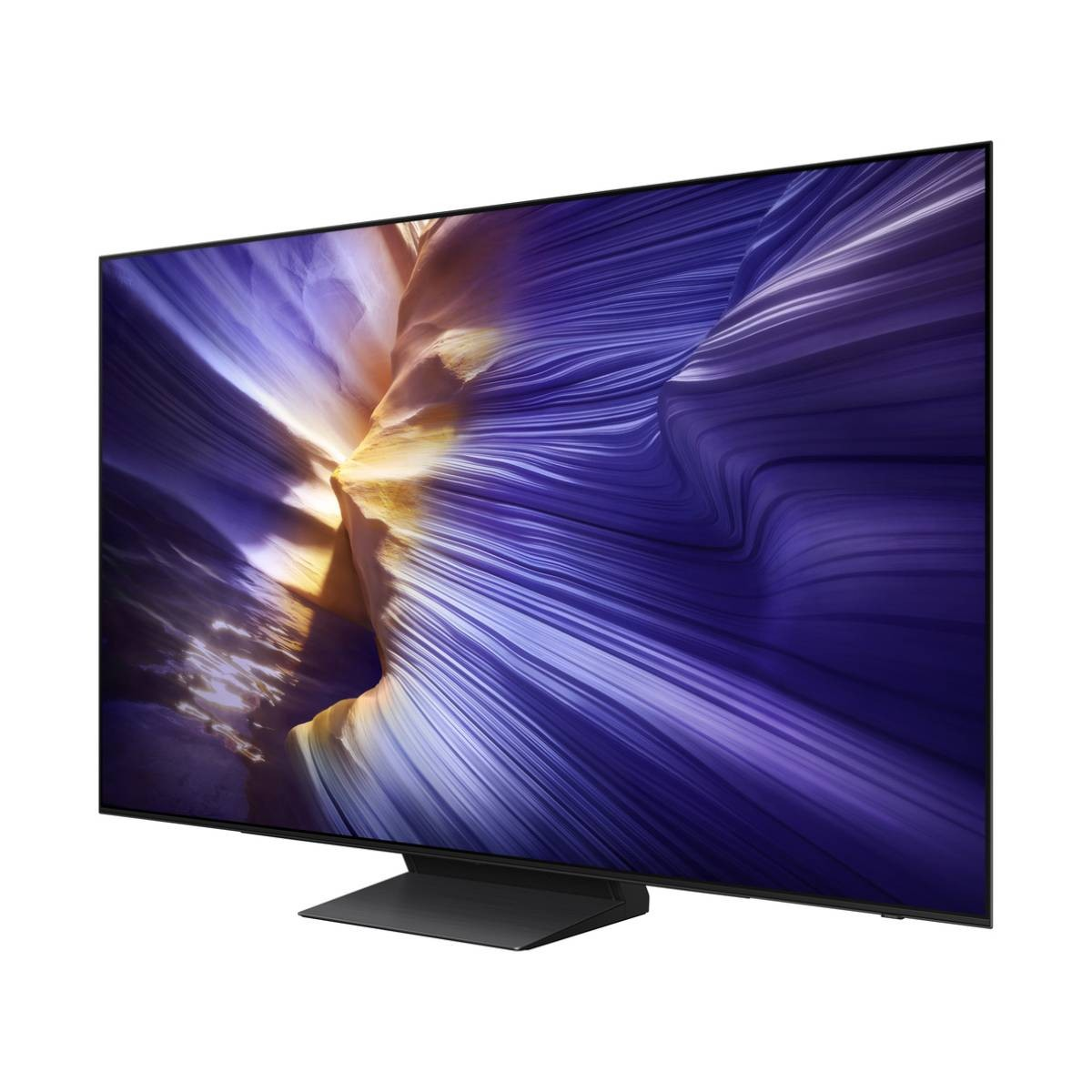 Un televisor negro moderno que muestra una imagen abstracta y colorida de fondo.