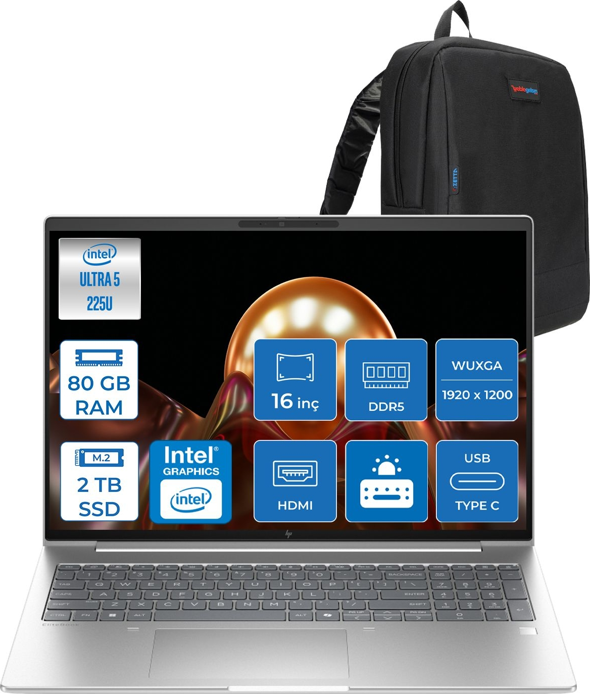 HP EliteBook 6 G1I DDR5 IPS 300nit AD4G3ETF24 Intel Core Ultra 5 225U 80 GB RAM 2 TB SSD 16 inç FreeDOS Laptop+Çanta Siyah