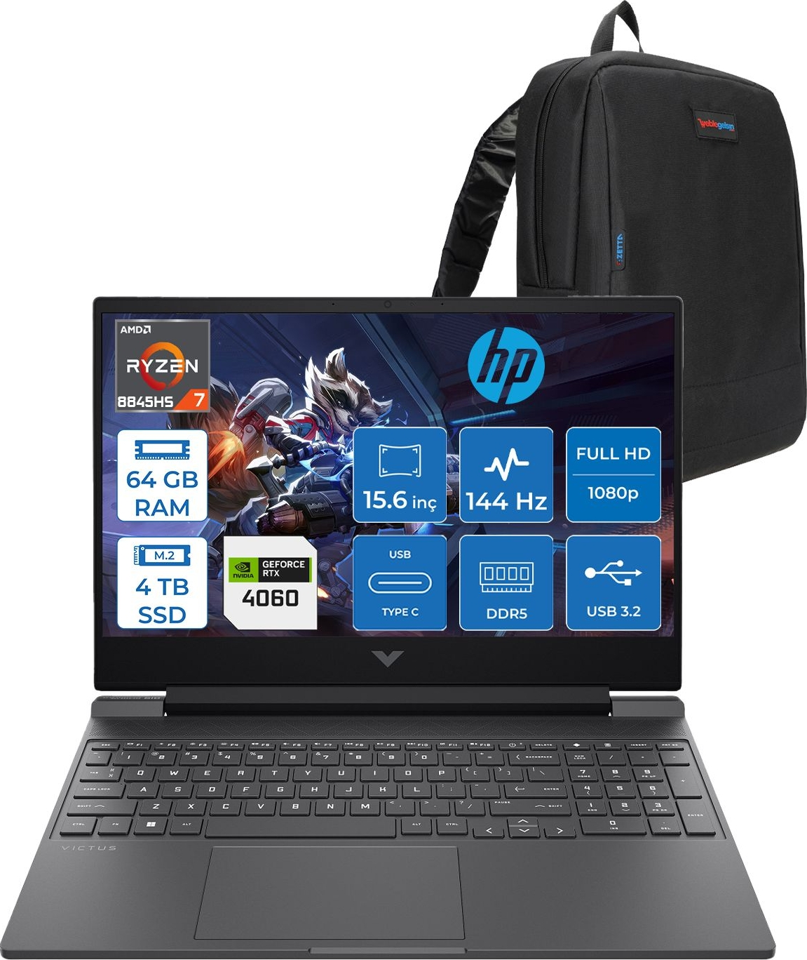 HP Victus 15-FB2003NT AI RTX 4060 8GB A05NGEAF25 AMD Ryzen 7 8845HS 64 GB RAM 4 TB SSD 15,6 inç FreeDOS Laptop+Çanta Siyah
