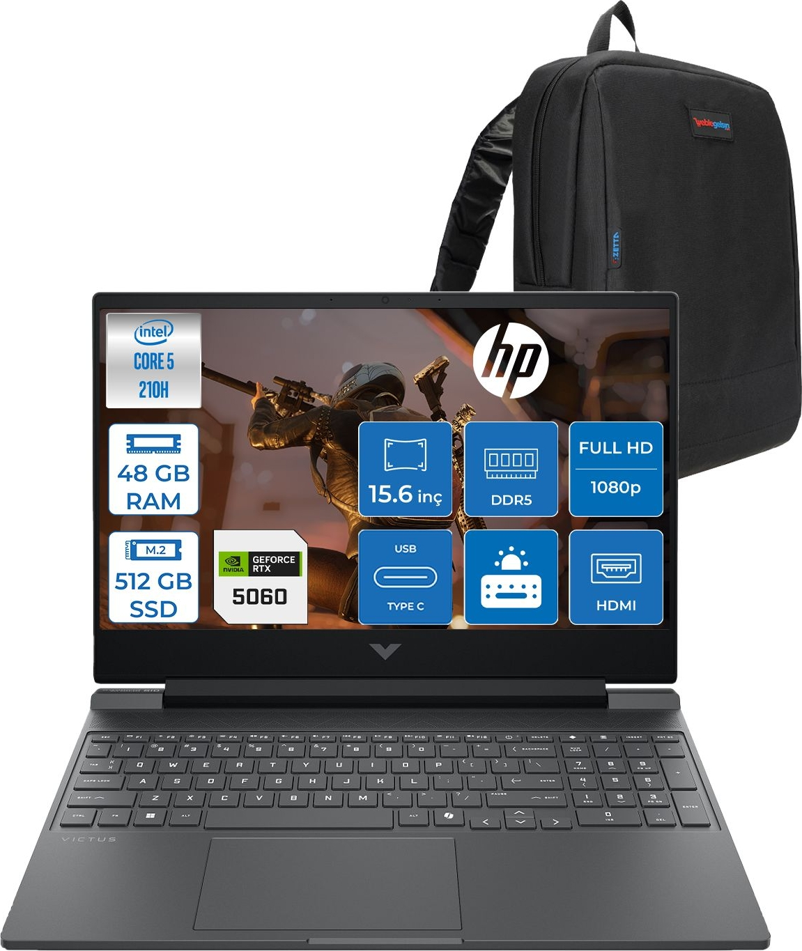 HP Victus AI RTX5060 8GB FHD 1920x1080 C21SGEAF17 Intel Core 5 210H 48 GB RAM 512 GB SSD 15,6 inç FreeDOS Laptop+Çanta Siyah