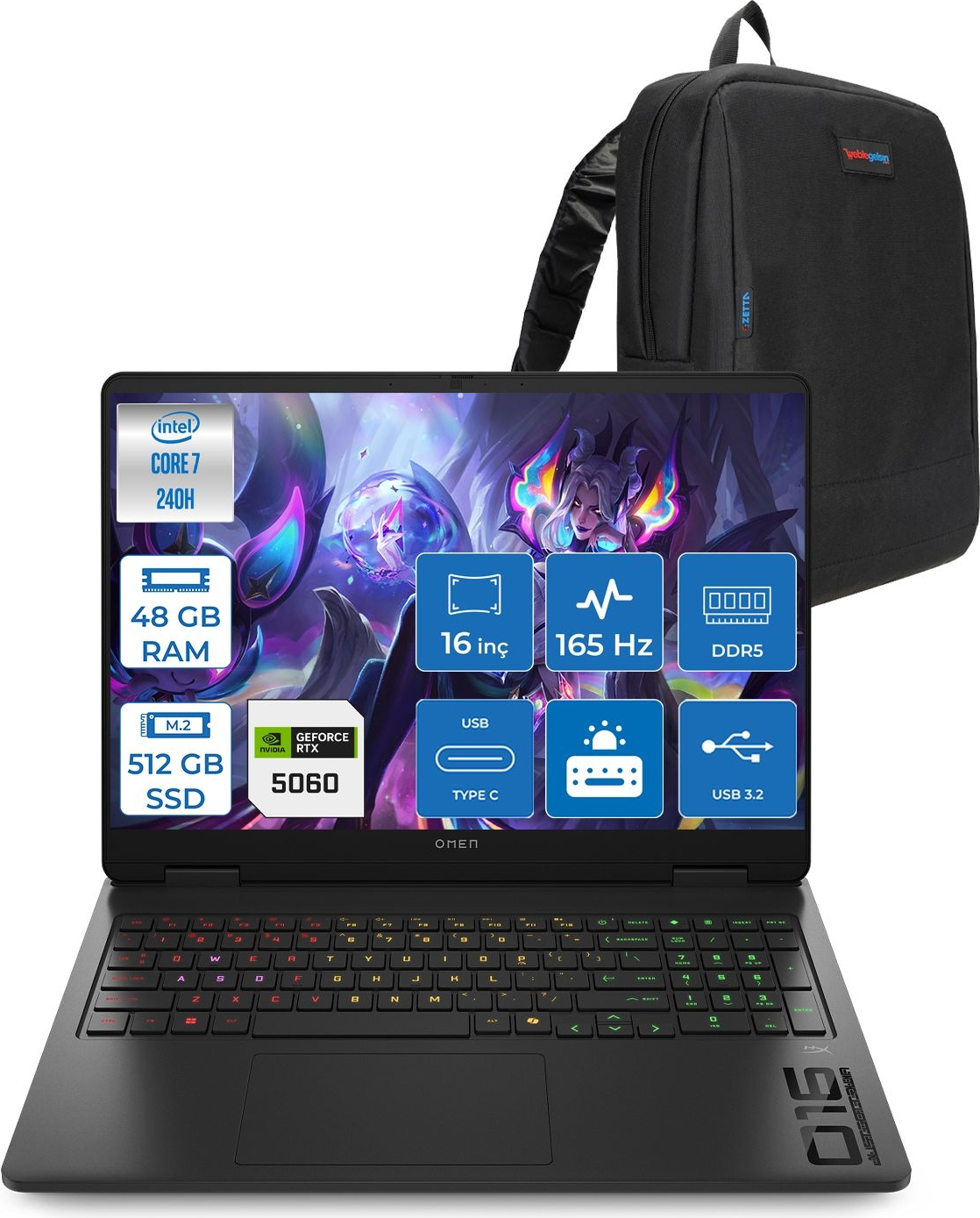 HP Omen W16-AM0017NT RTX5060 8GB IPS 165Hz WBQ1Z0EAF30 Intel Core 7 240H 48 GB RAM 512 GB SSD 16 inç FreeDOS Laptop+Çanta Siyah