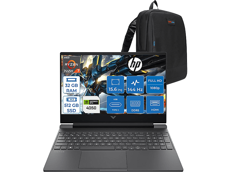 HP Victus RTX RTX4050 6GB 1920x1080 WBX9U9EAF12 AMD Ryzen 7 7445HS 32 GB RAM 512 GB SSD 15,6 inç FreeDOS Laptop+Çanta Siyah