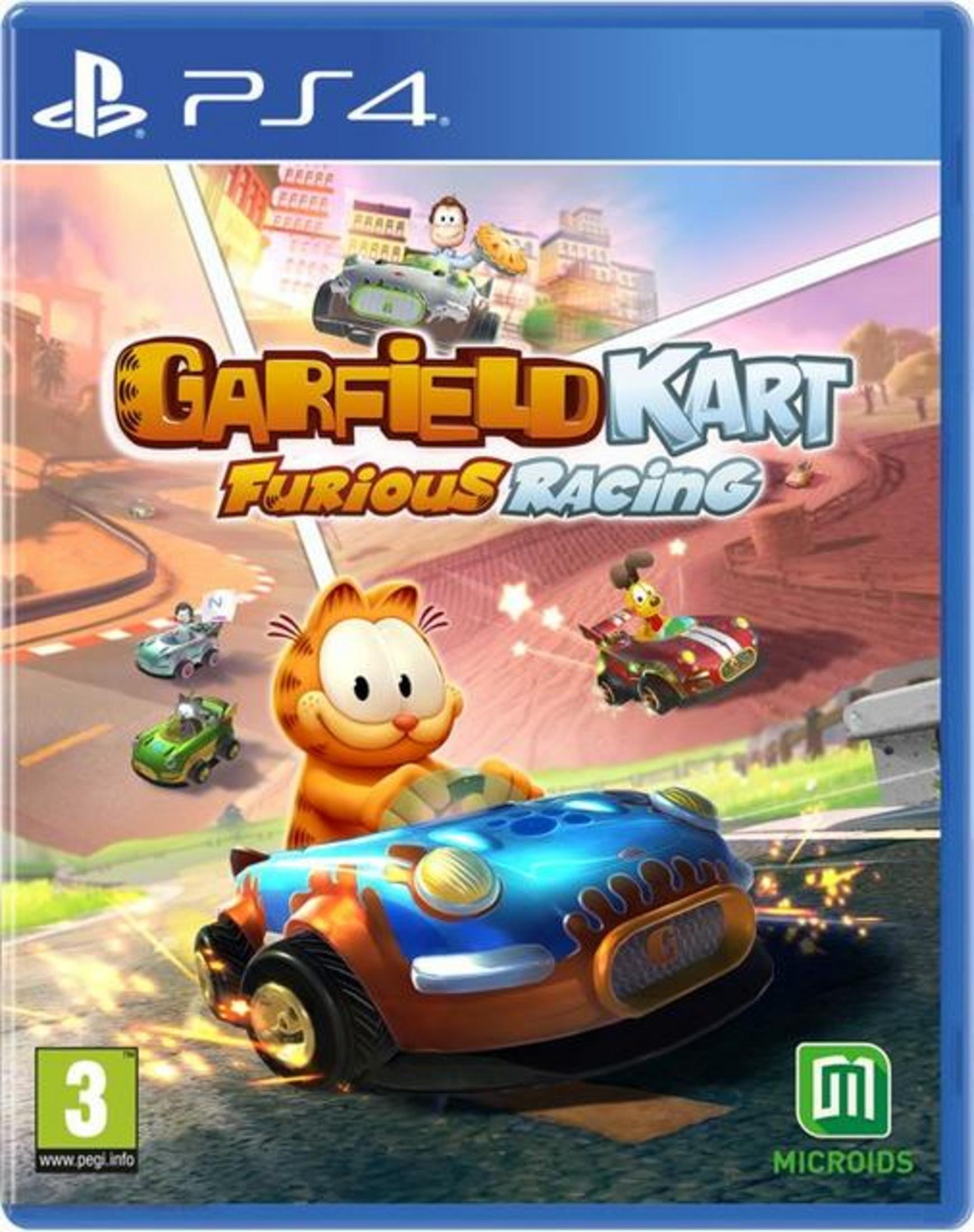 Okładka gry PS4 Garfield Kart: Furious Racing. Garfield w niebieskim gokarcie, ścigający się.