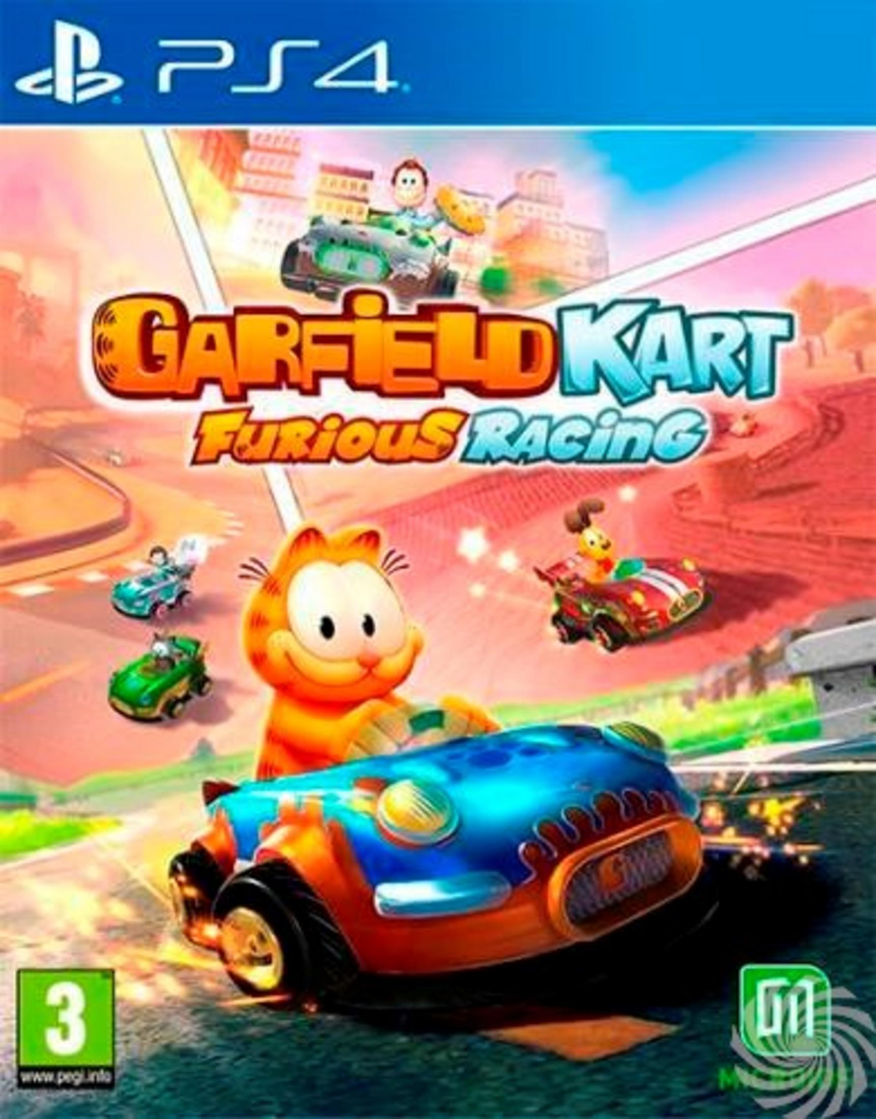 Garfield i przyjaciele ścigają się kolorowymi samochodami na torze. Logo PS4 na górze.