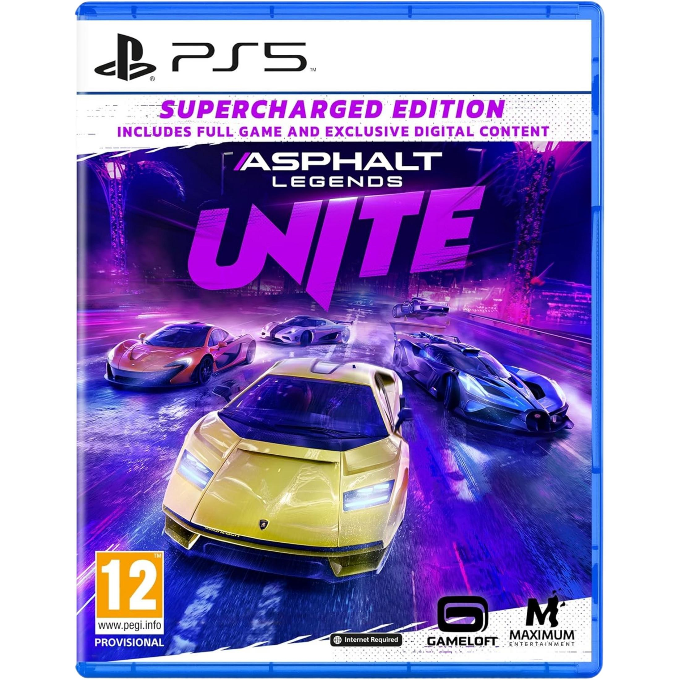 PS5 gamehoes voor Asphalt Legends Unite Supercharged Edition met raceauto's.