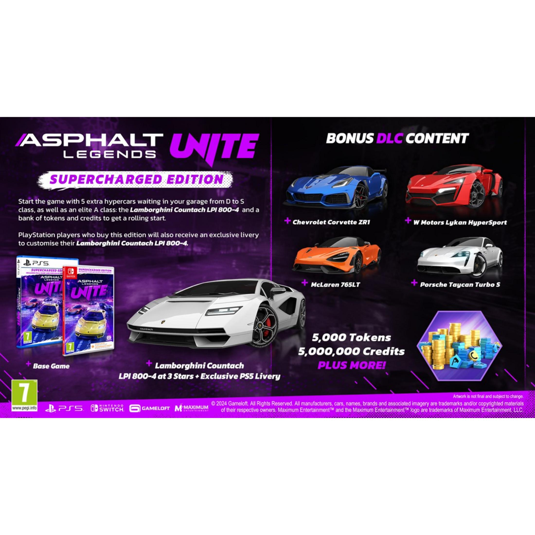 Advertentie voor het spel Asphalt Legends Supercharged Edition, met auto's, spelverpakkingen en bonuscontent.