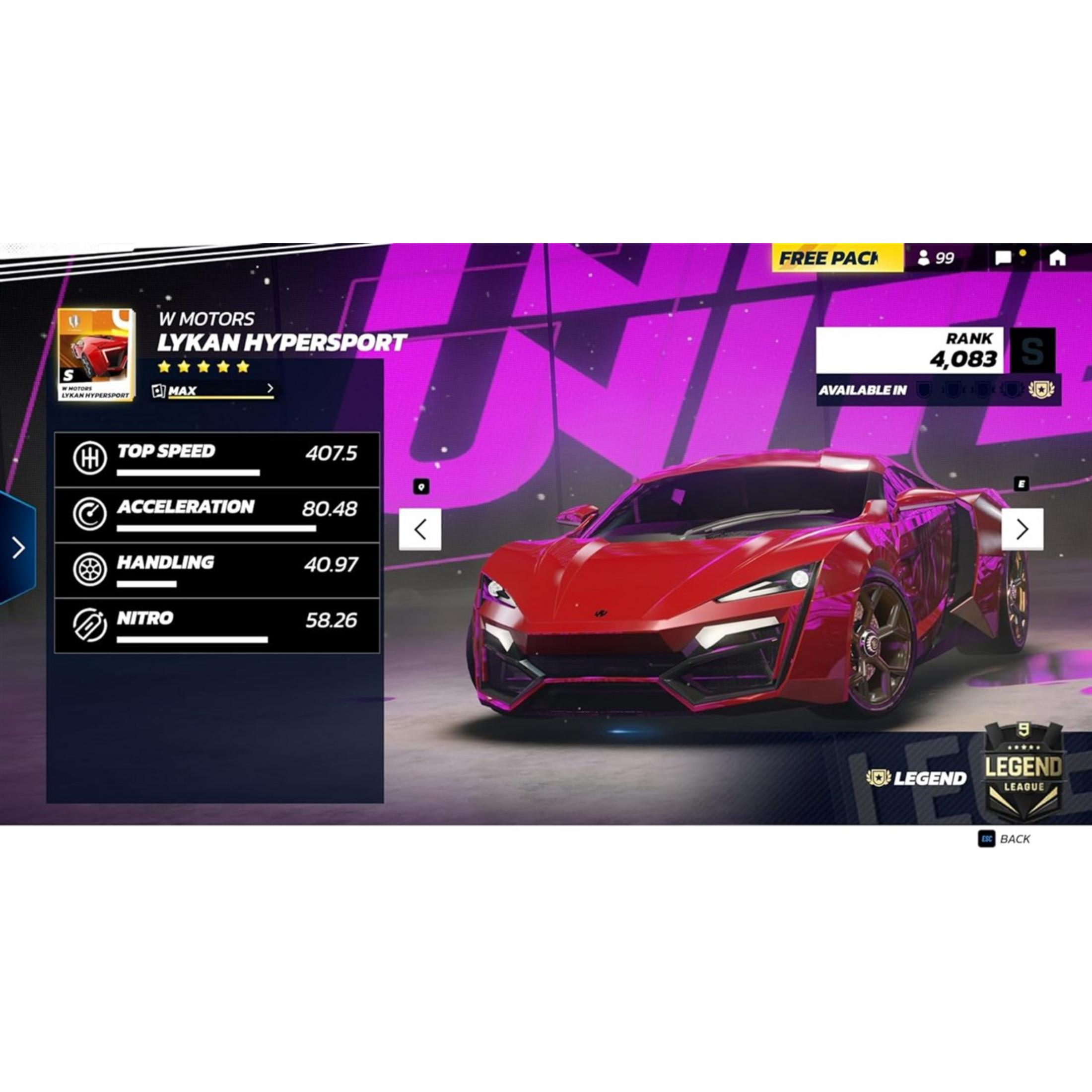 Rode Lykan Hypersport: Topsnelheid 407.5, Acceleratie 80.48, Handling 40.97, Nitro 58.26.
