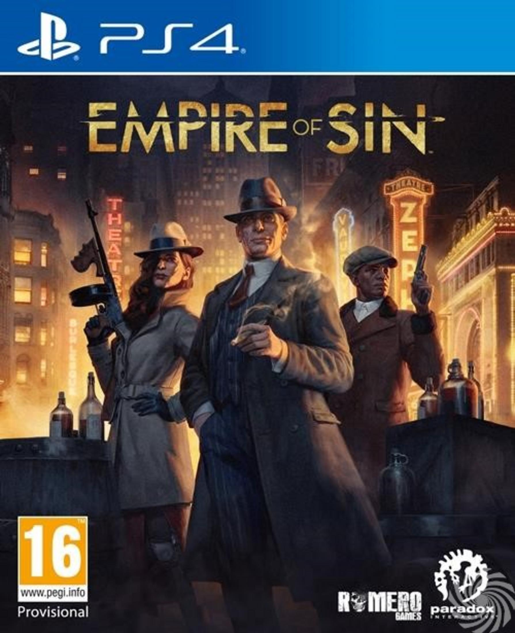 Copertina gioco PS4: Tre gangster posano davanti a una scena cittadina notturna con luci al neon.