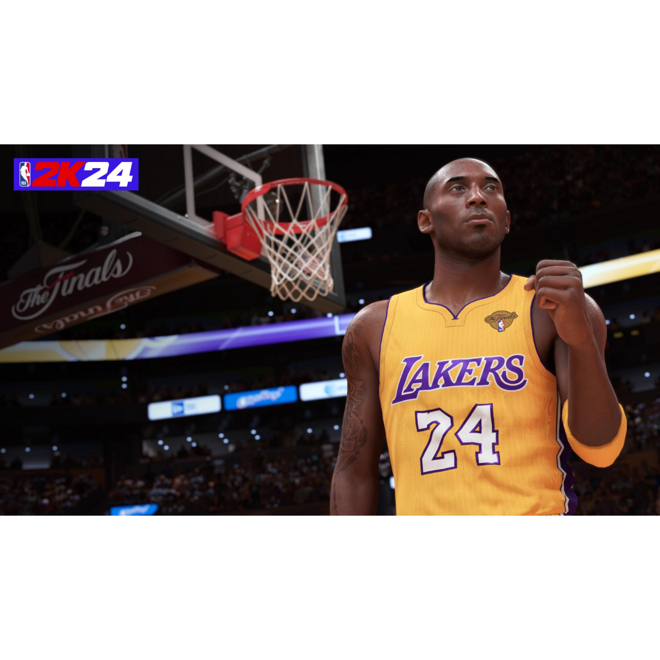 Kobe Bryant in maglia Lakers numero 24, vicino a un canestro da basket.