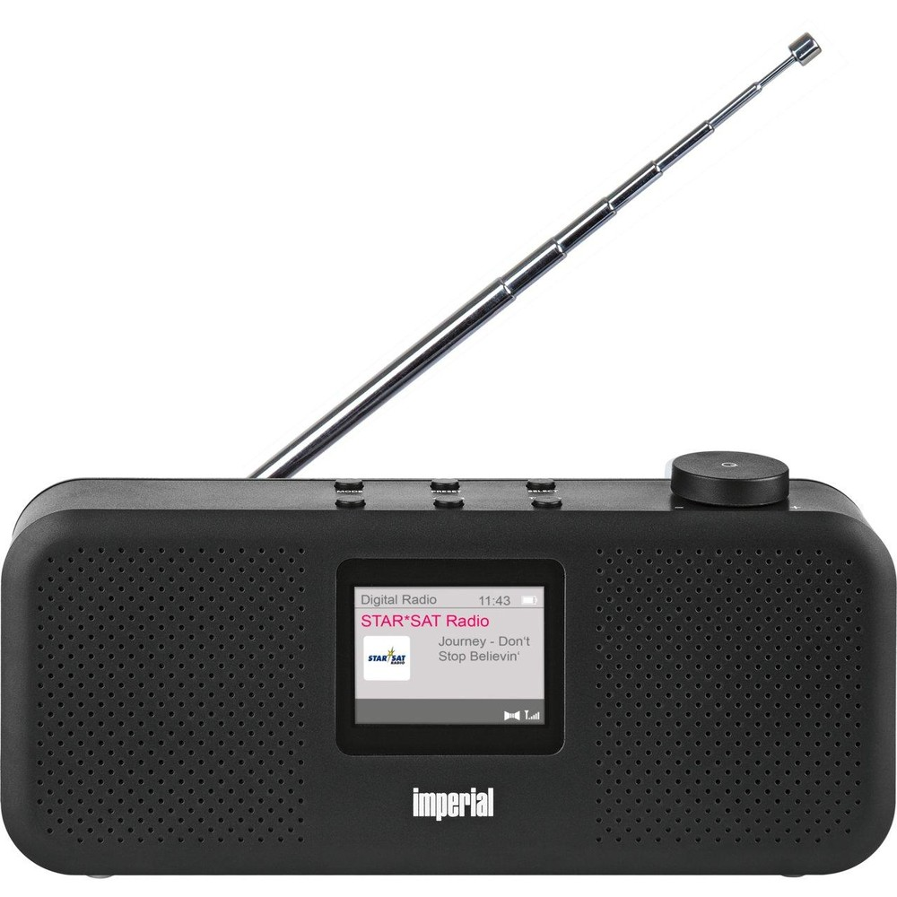 A black digital radio with its antenna extended, a screen, and a control knob.