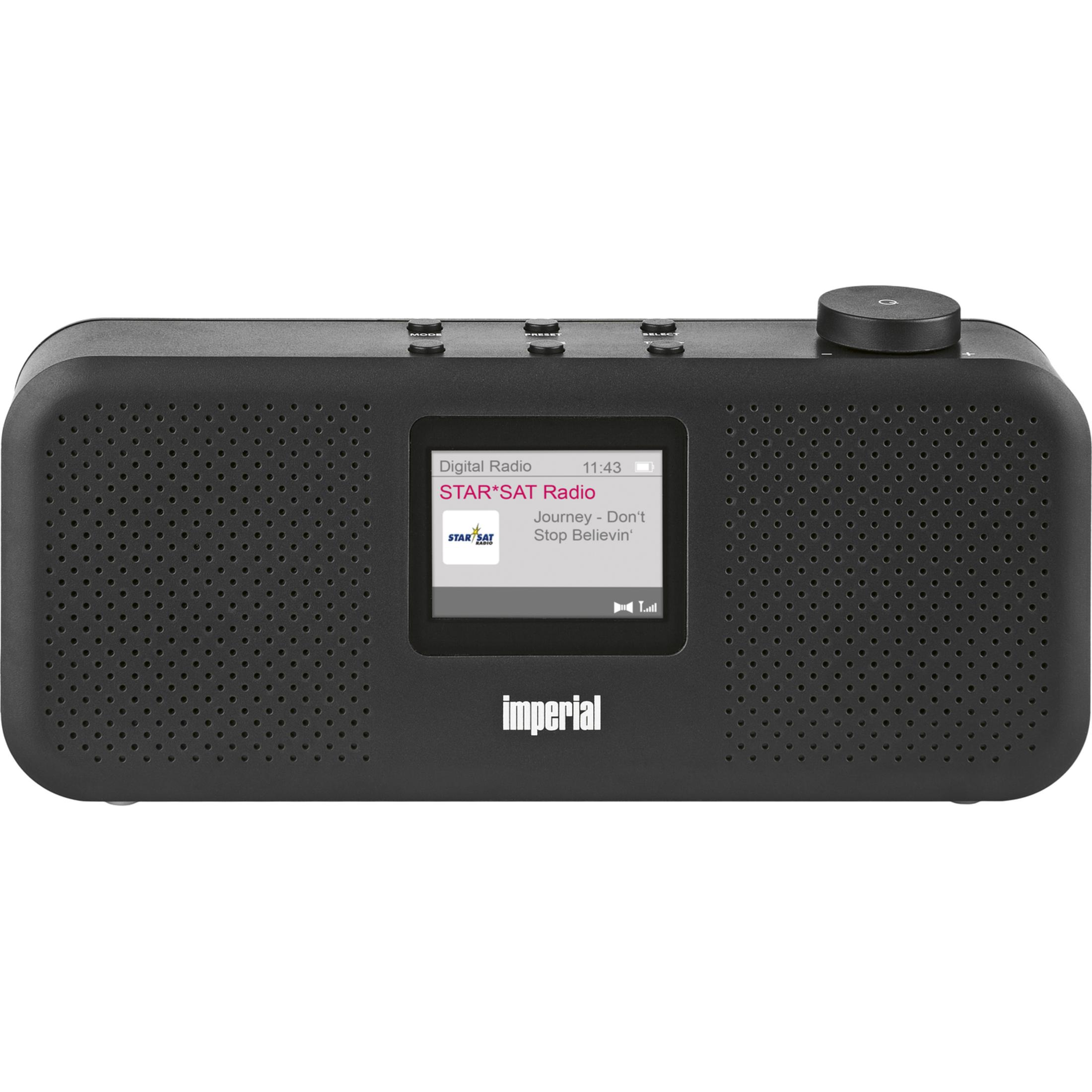 Black digital radio with screen showing STAR*SAT Radio, song title, and time.