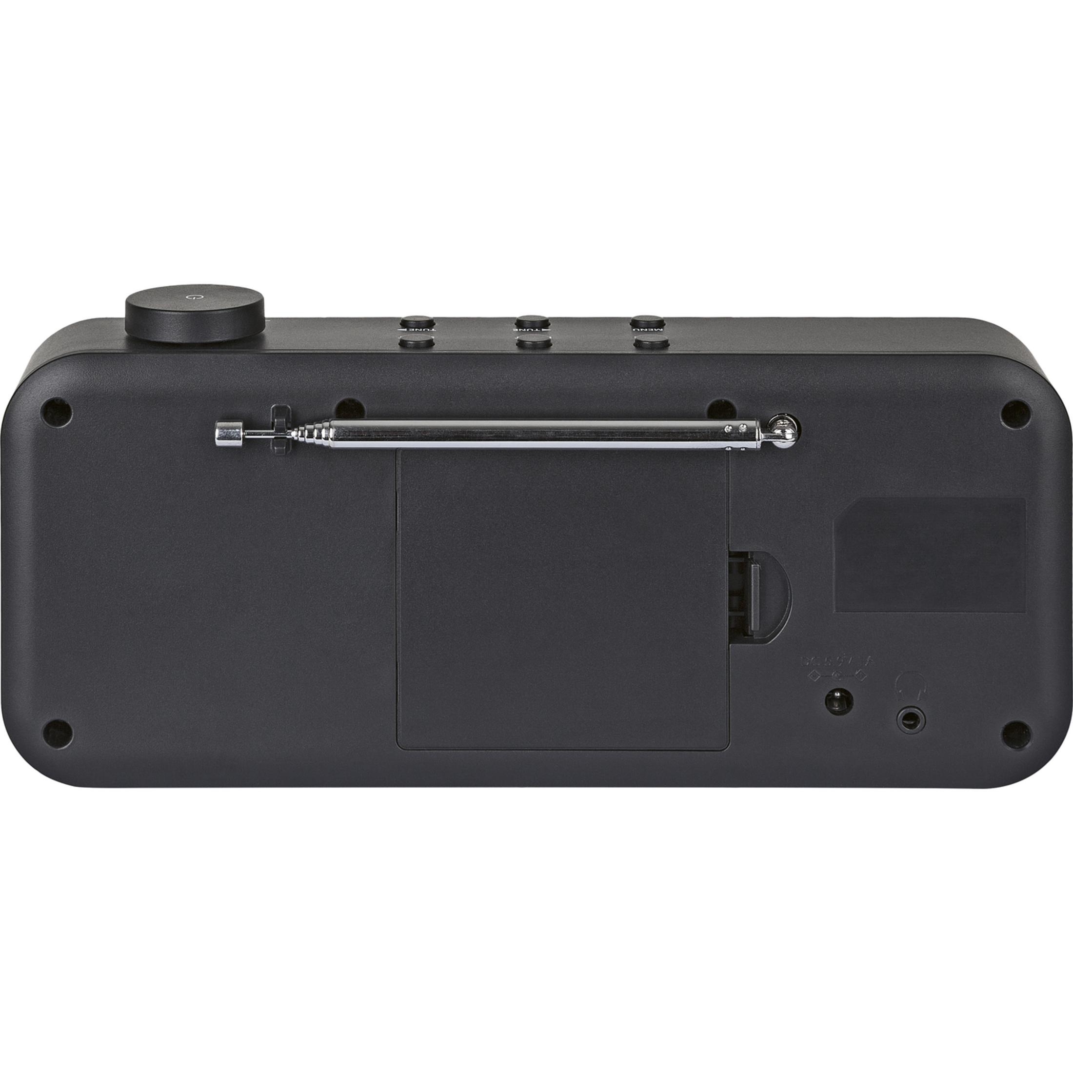 Black radio with a retractable antenna and control buttons.